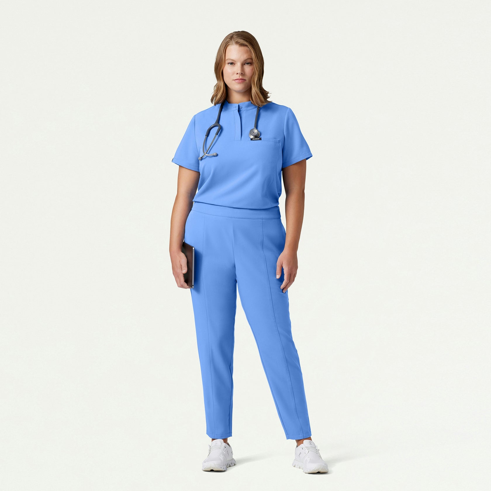 Savi Tuck-In Stand-Collar Scrub Top - Ceil Blue - WOMEN'S TOPS - Jaanuu