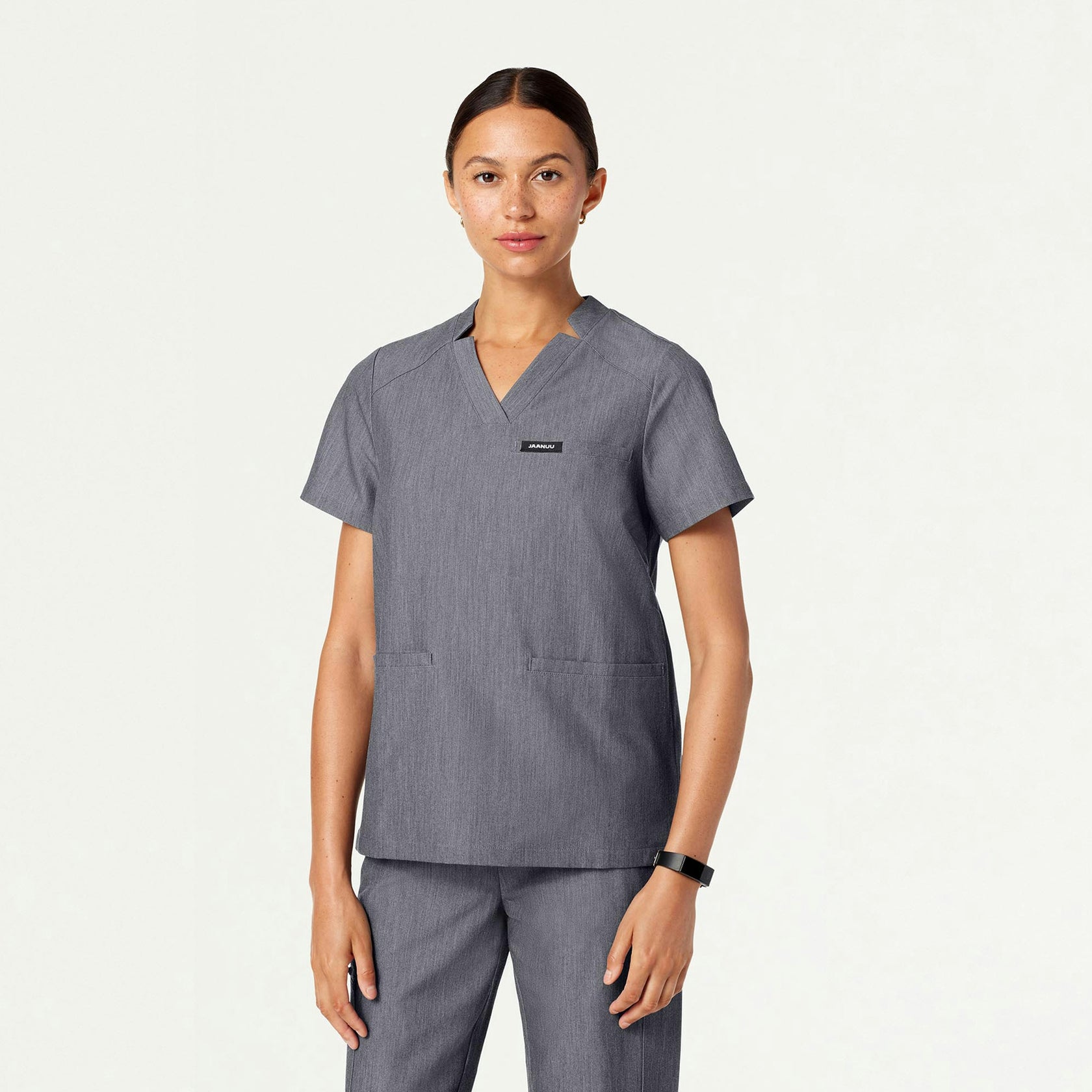 Helia Notched V-Neck Scrub Top - Heather Gray - WOMEN'S TOPS - Jaanuu