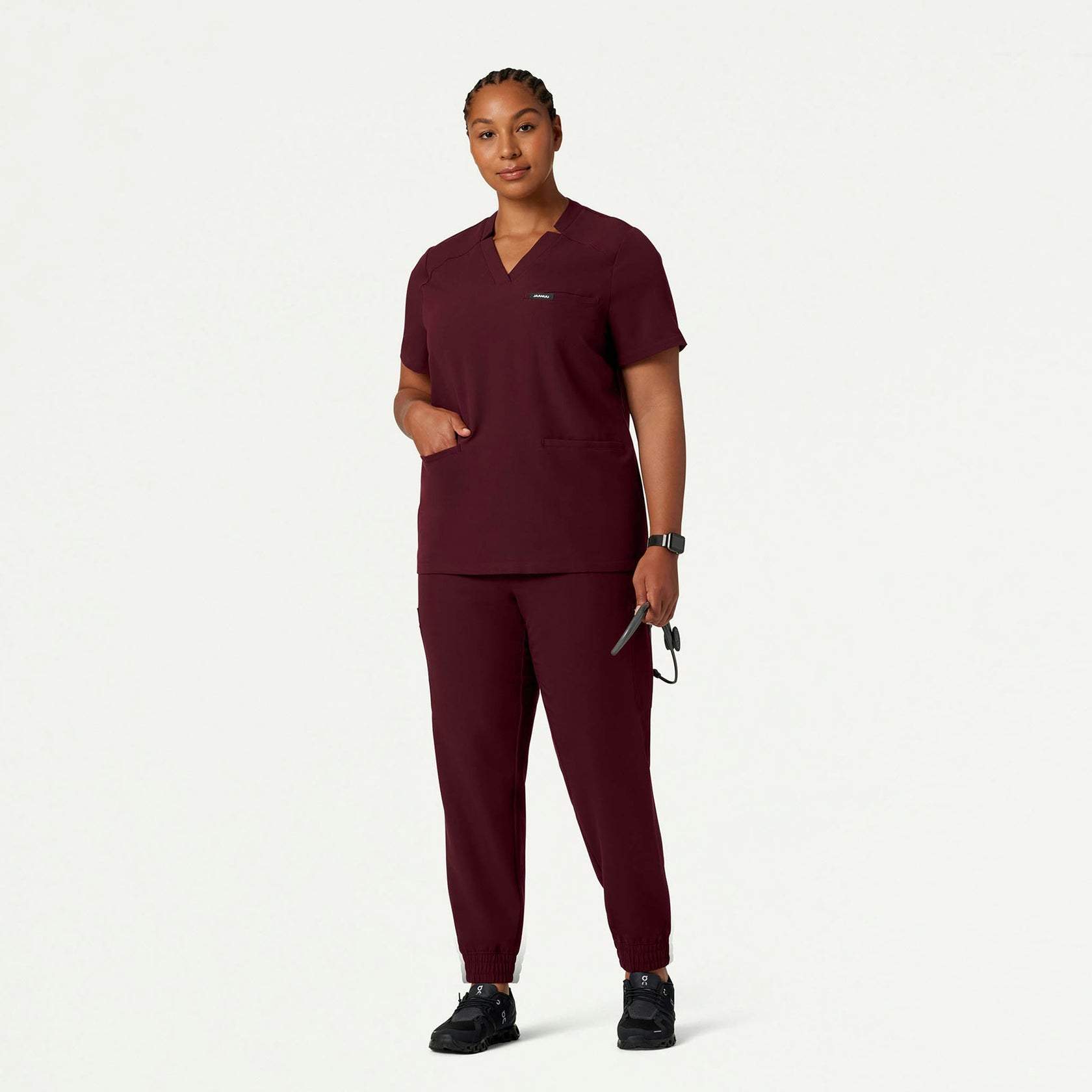 Helia Notched V-Neck Scrub Top - Burgundy - WOMEN'S TOPS - Jaanuu