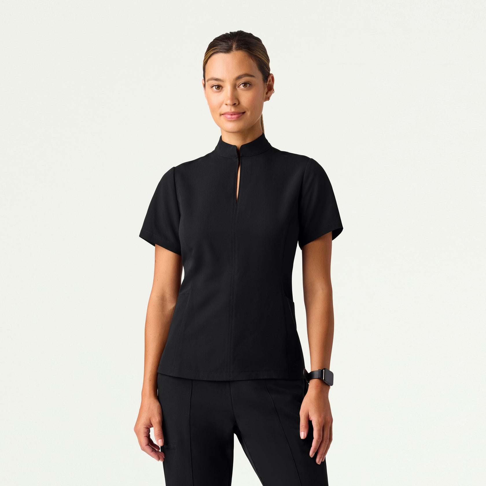 Aria Fit & Flare Mock-Neck Scrub Top - Black - WOMEN'S TOPS - Jaanuu