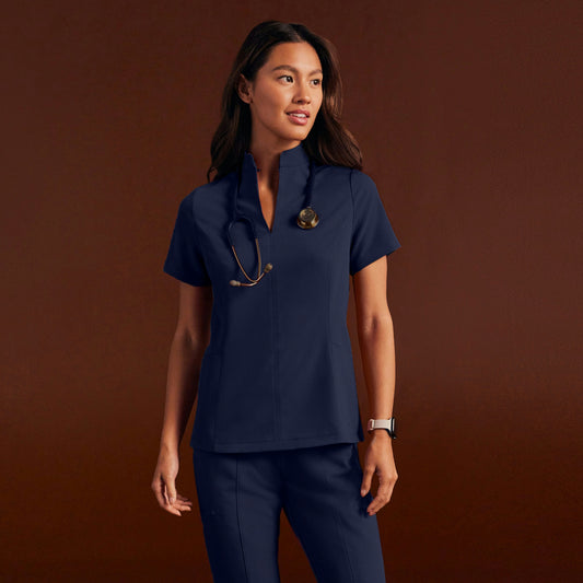 Aria Fit & Flare Mock-Neck Scrub Top - Midnight Navy - WOMEN'S TOPS - Jaanuu