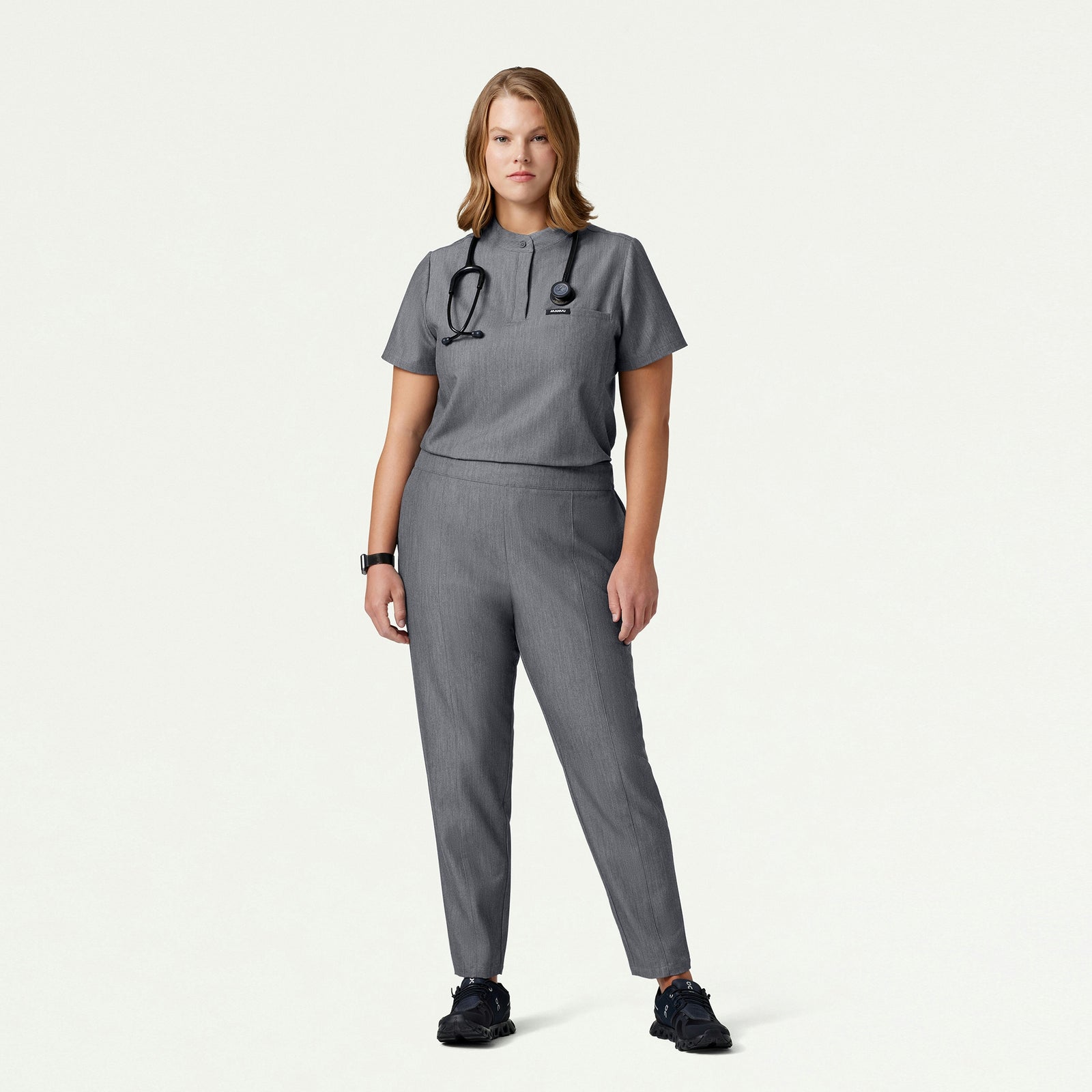 Savi Tuck-In Stand-Collar Scrub Top - Heather Gray - WOMEN'S TOPS - Jaanuu