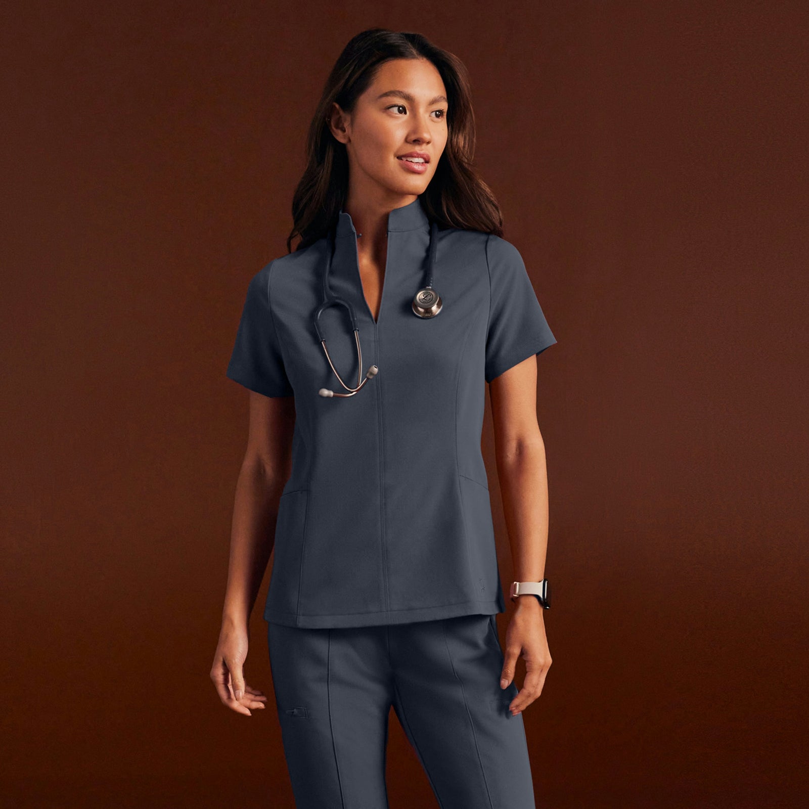 Aria Fit & Flare Mock-Neck Scrub Top - Carbon Gray - WOMEN'S TOPS - Jaanuu