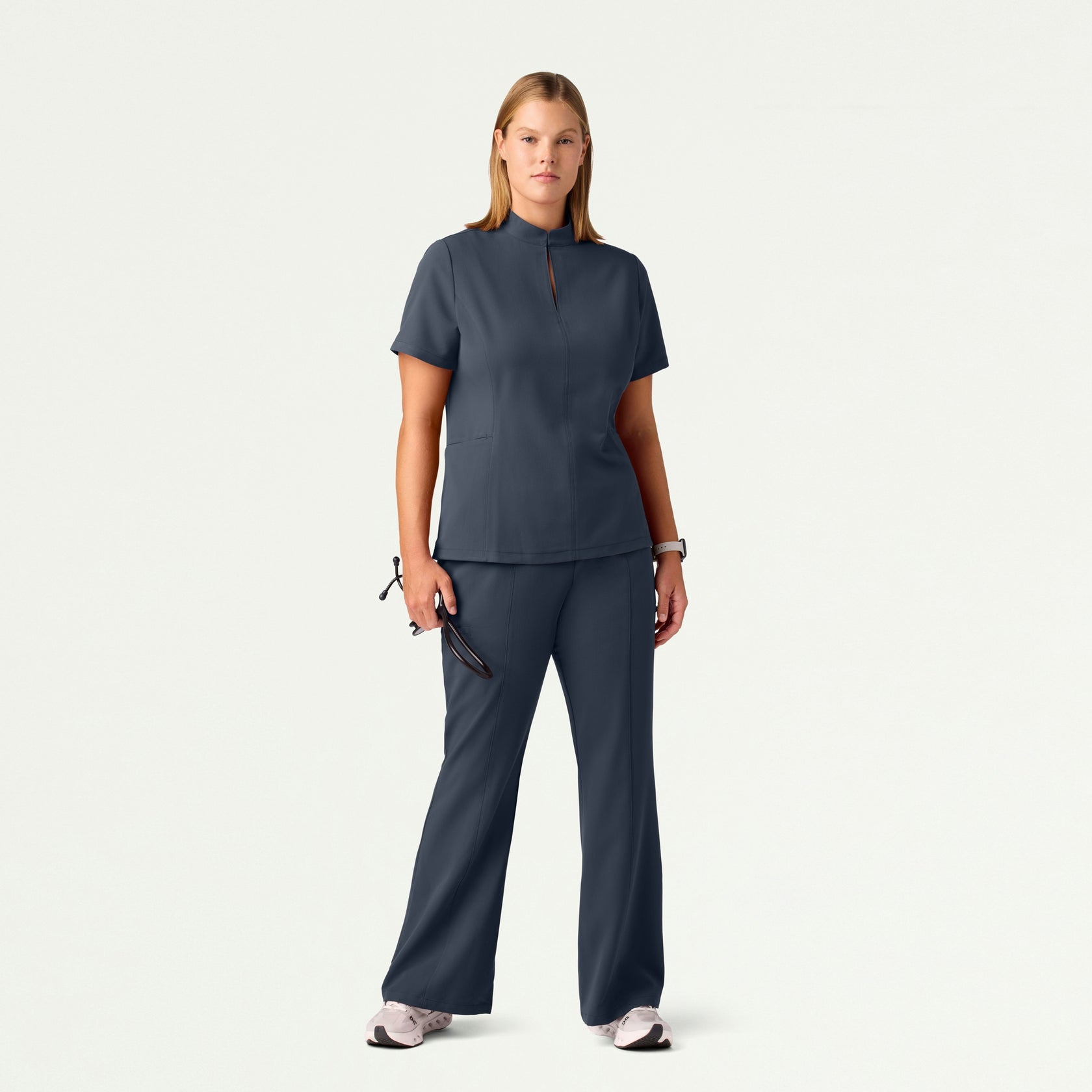 Aria Fit & Flare Mock-Neck Scrub Top - Carbon Gray - WOMEN'S TOPS - Jaanuu