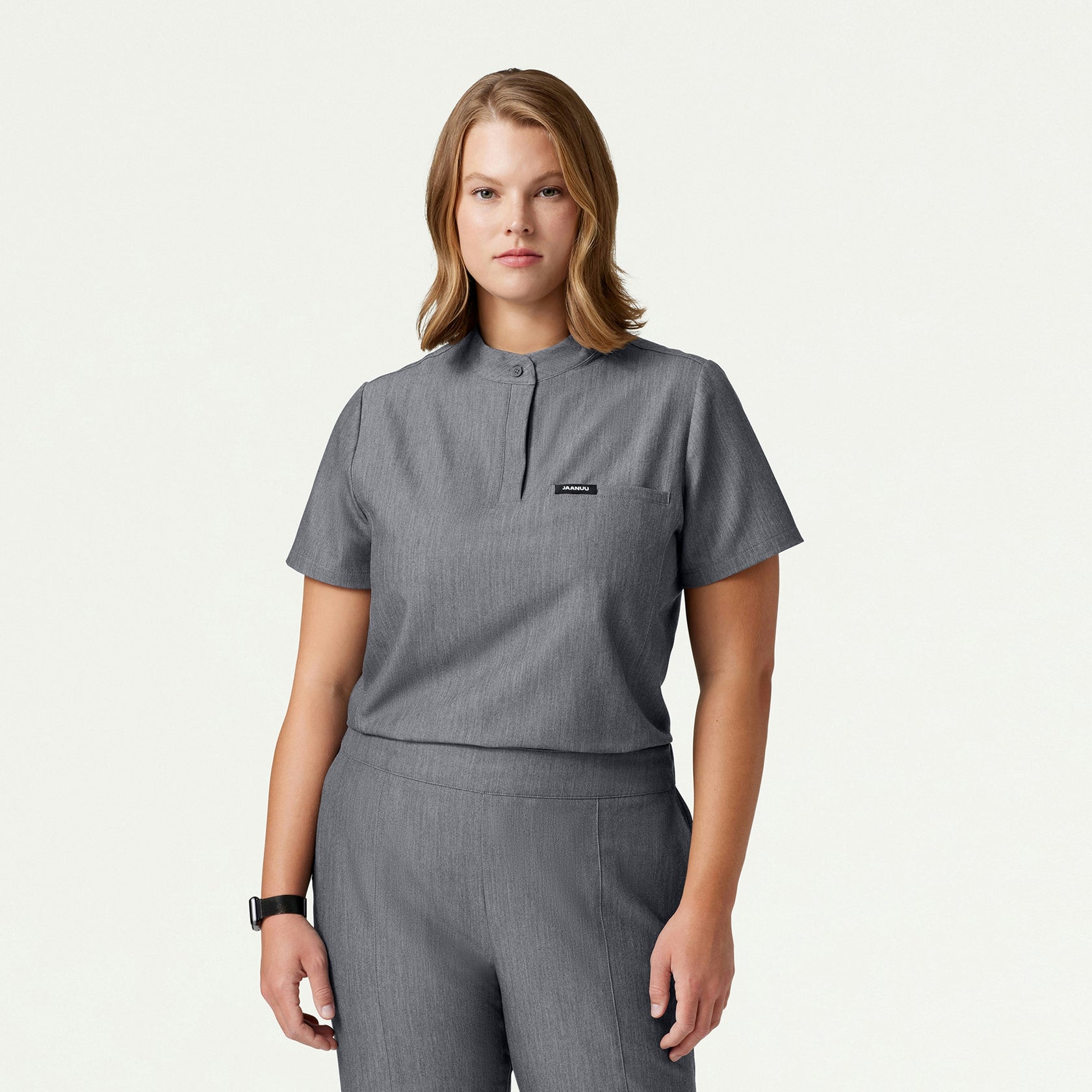 Savi Tuck-In Stand-Collar Scrub Top - Heather Gray - WOMEN'S TOPS - Jaanuu