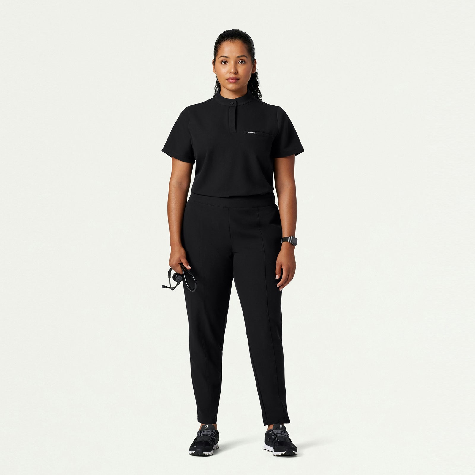 Savi Tuck-In Stand-Collar Scrub Top - Black - WOMEN'S TOPS - Jaanuu