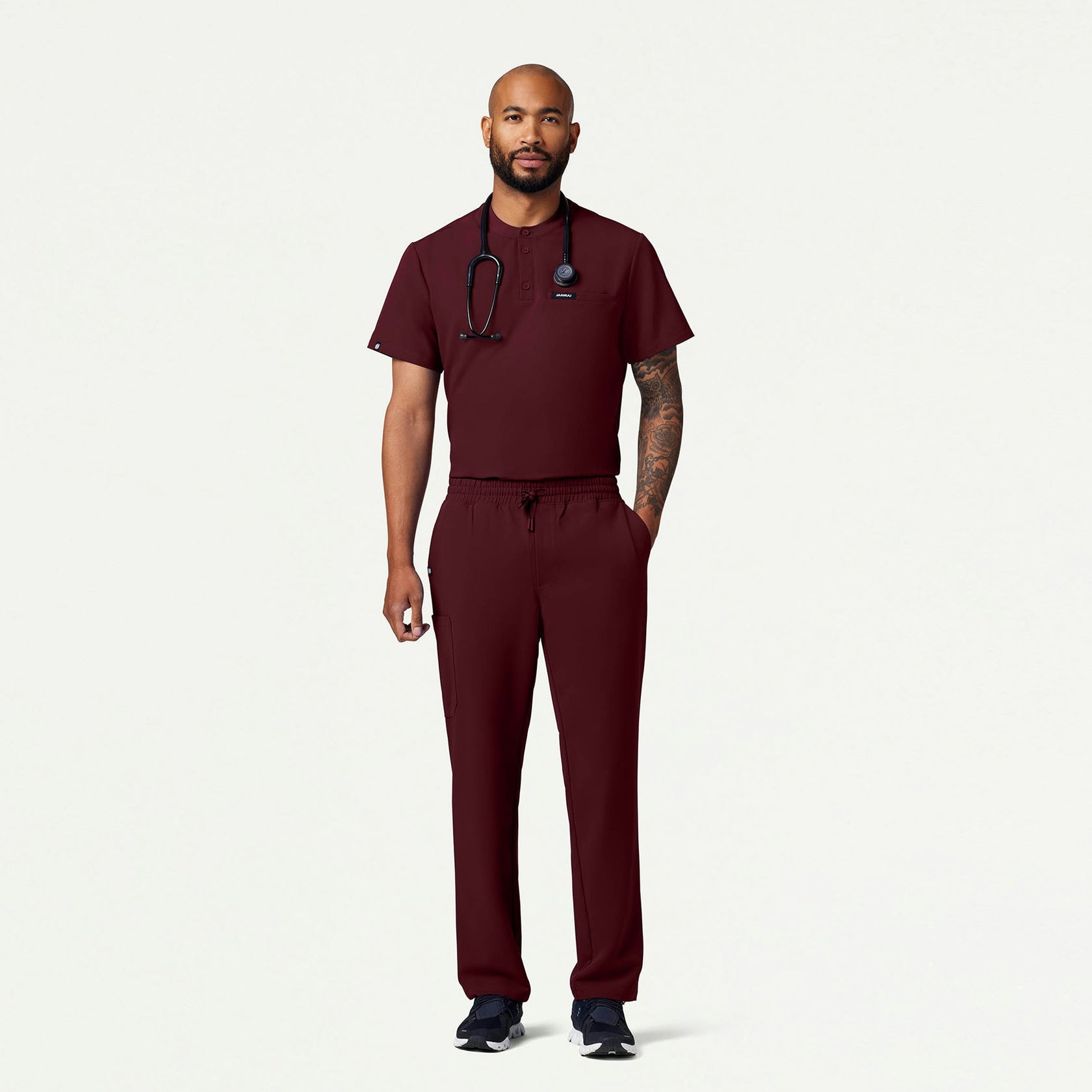 Reeve Henley Scrub Top - Burgundy - MEN'S TOPS - Jaanuu