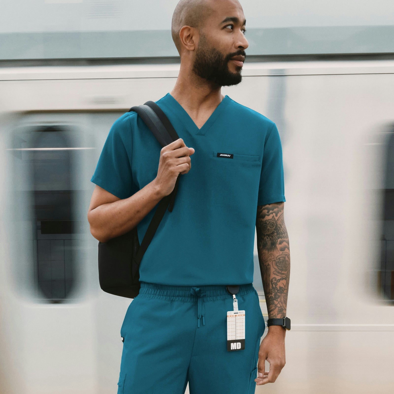 Romin 1-Pocket Scrub Top - Caribbean Blue - MEN'S TOPS - Jaanuu