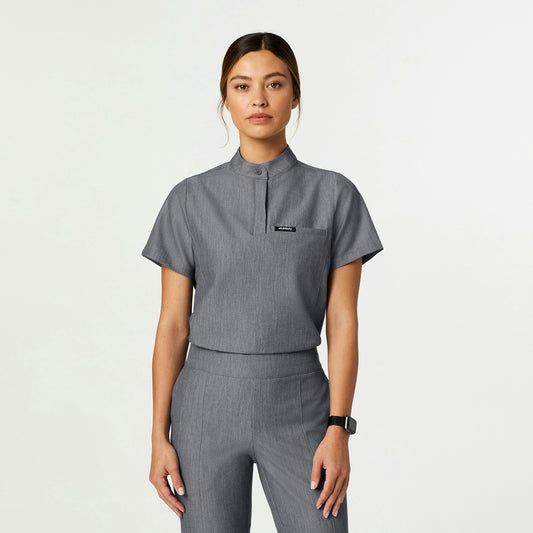 Savi Tuck-In Stand-Collar Scrub Top - Heather Gray - WOMEN'S TOPS - Jaanuu