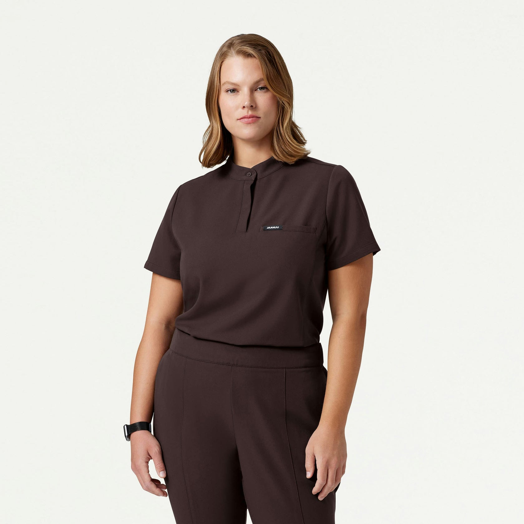 Savi Tuck-In Stand-Collar Scrub Top - Espresso - WOMEN'S TOPS - Jaanuu