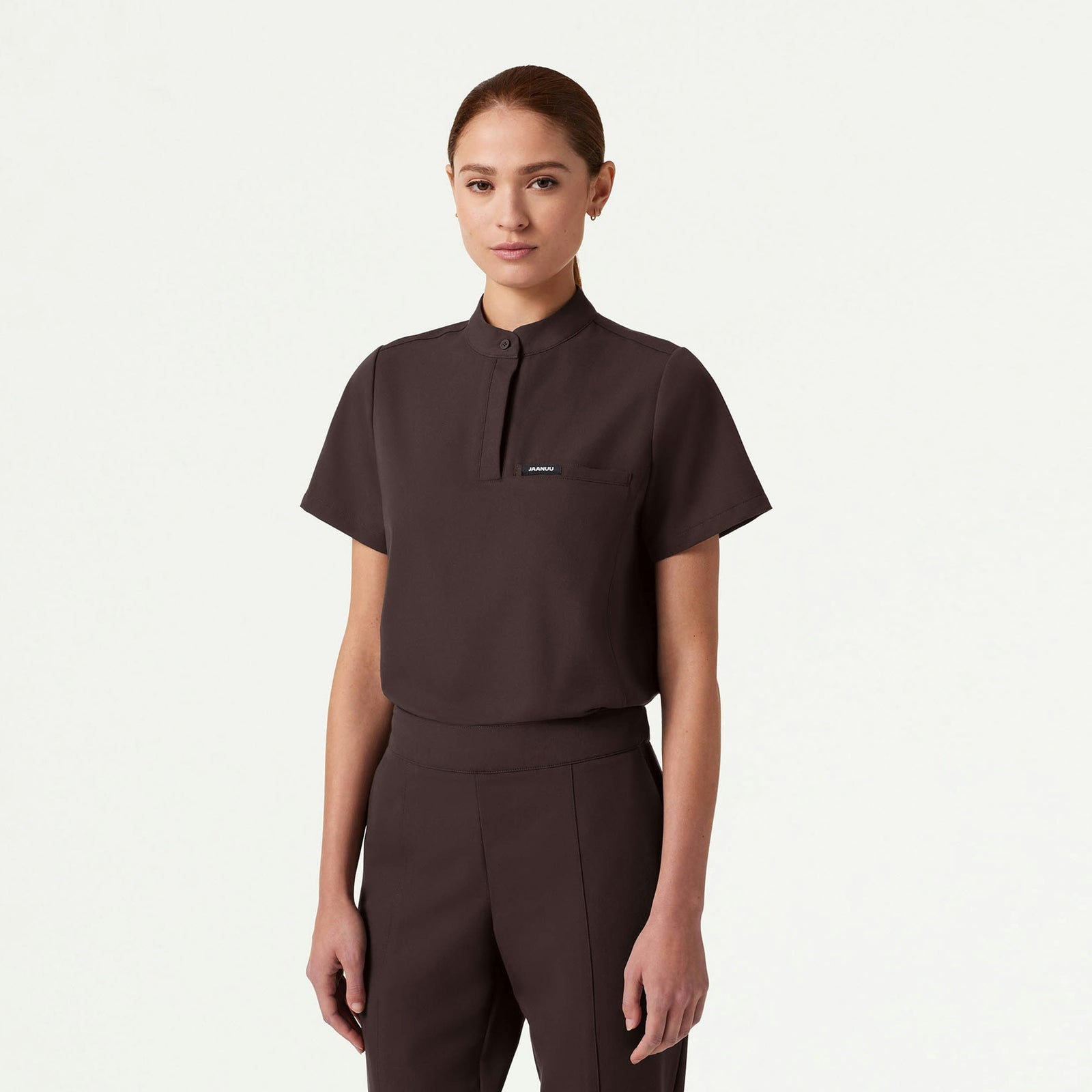 Savi Tuck-In Stand-Collar Scrub Top - Espresso - WOMEN'S TOPS - Jaanuu