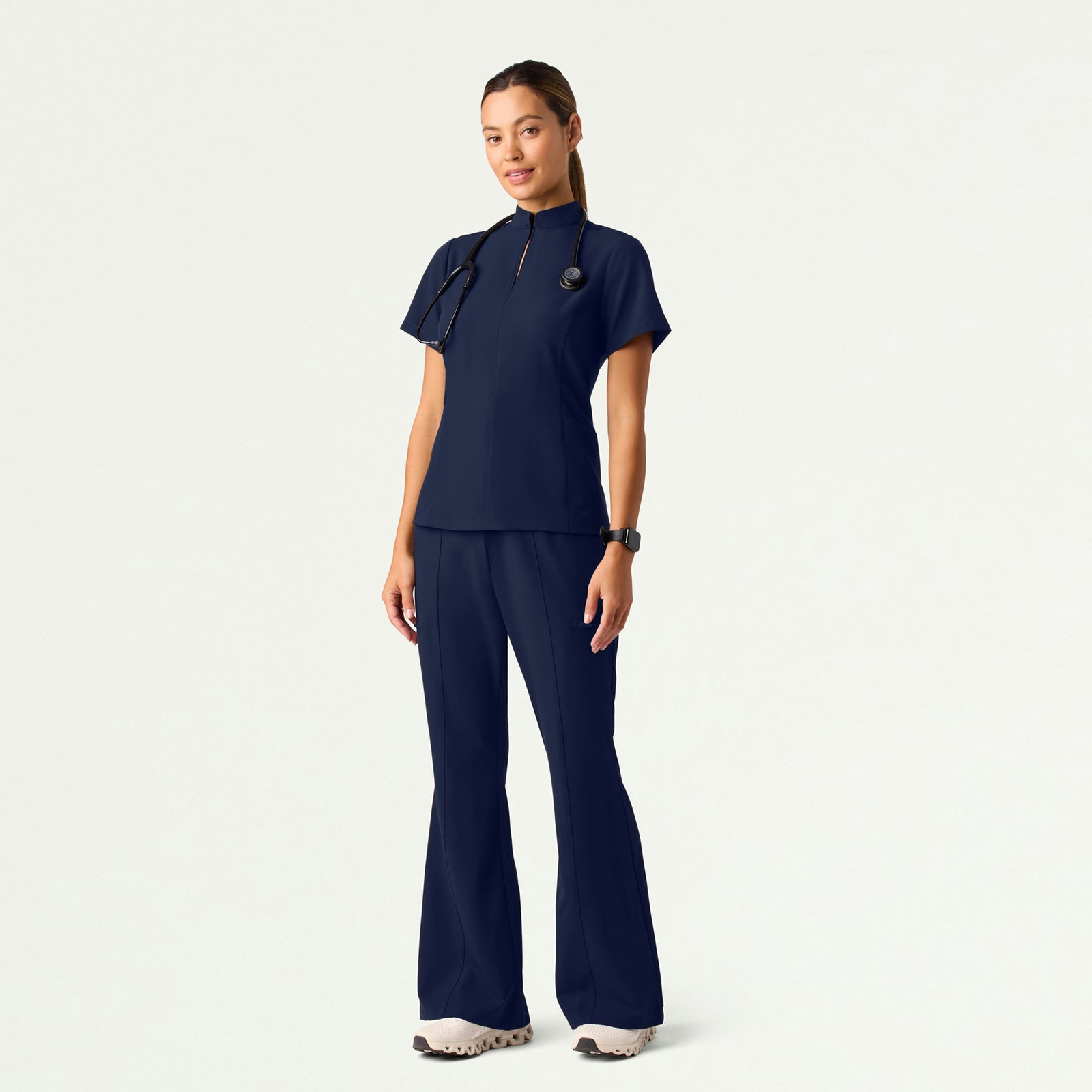 Aria Fit & Flare Mock-Neck Scrub Top - Midnight Navy - WOMEN'S TOPS - Jaanuu