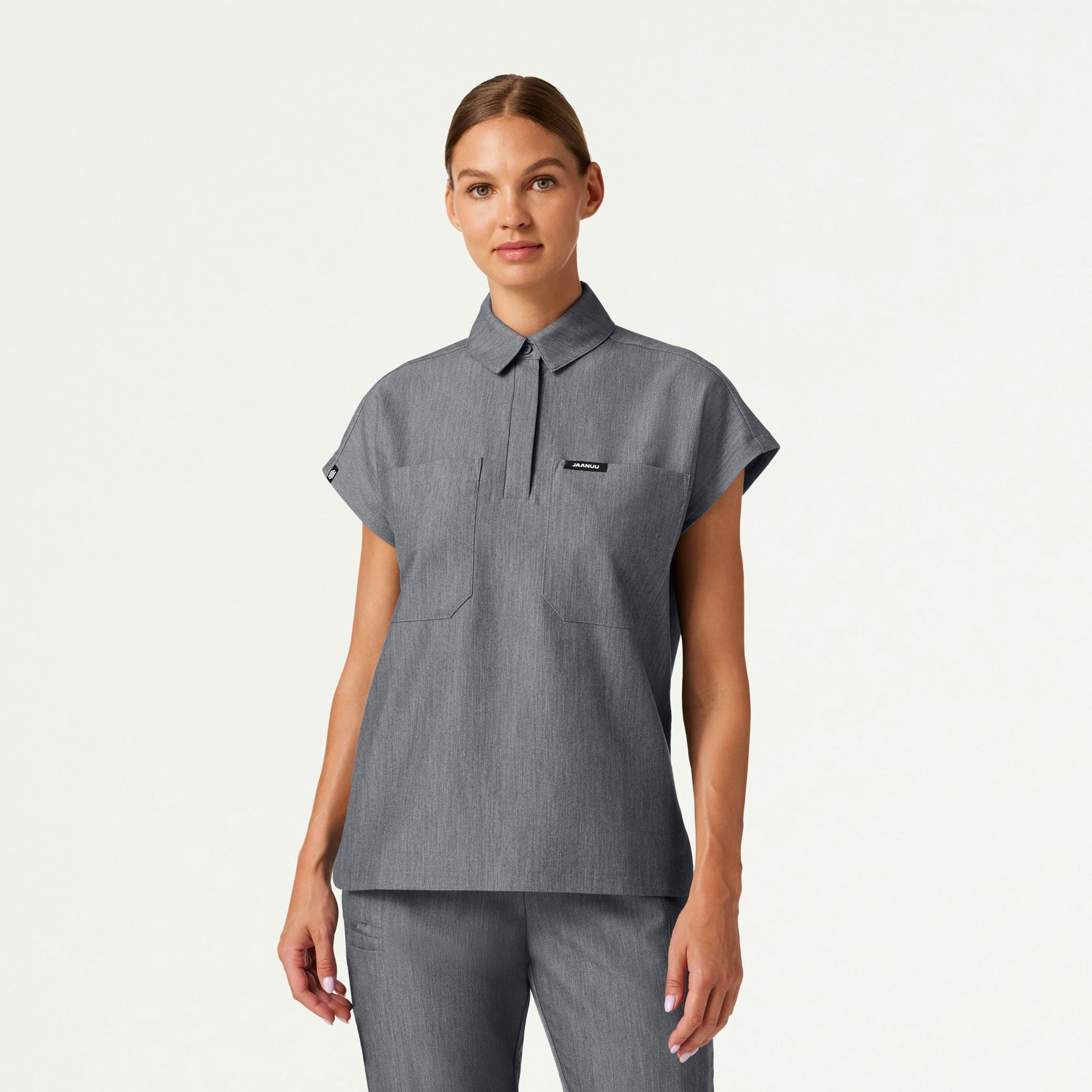 Acta Oversized 2-Pocket Scrub Top - Heather Gray - WOMEN'S TOPS - Jaanuu