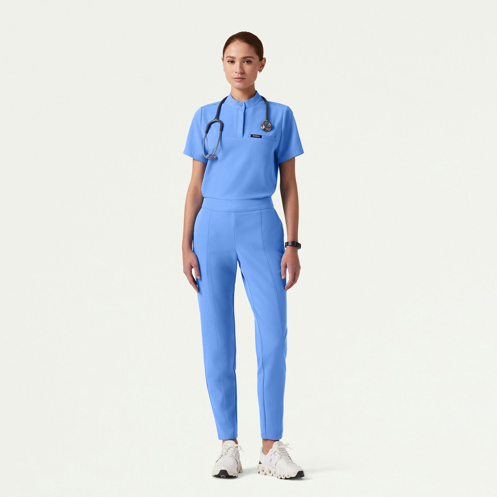 Savi Tuck-In Stand-Collar Scrub Top - Ceil Blue - WOMEN'S TOPS - Jaanuu