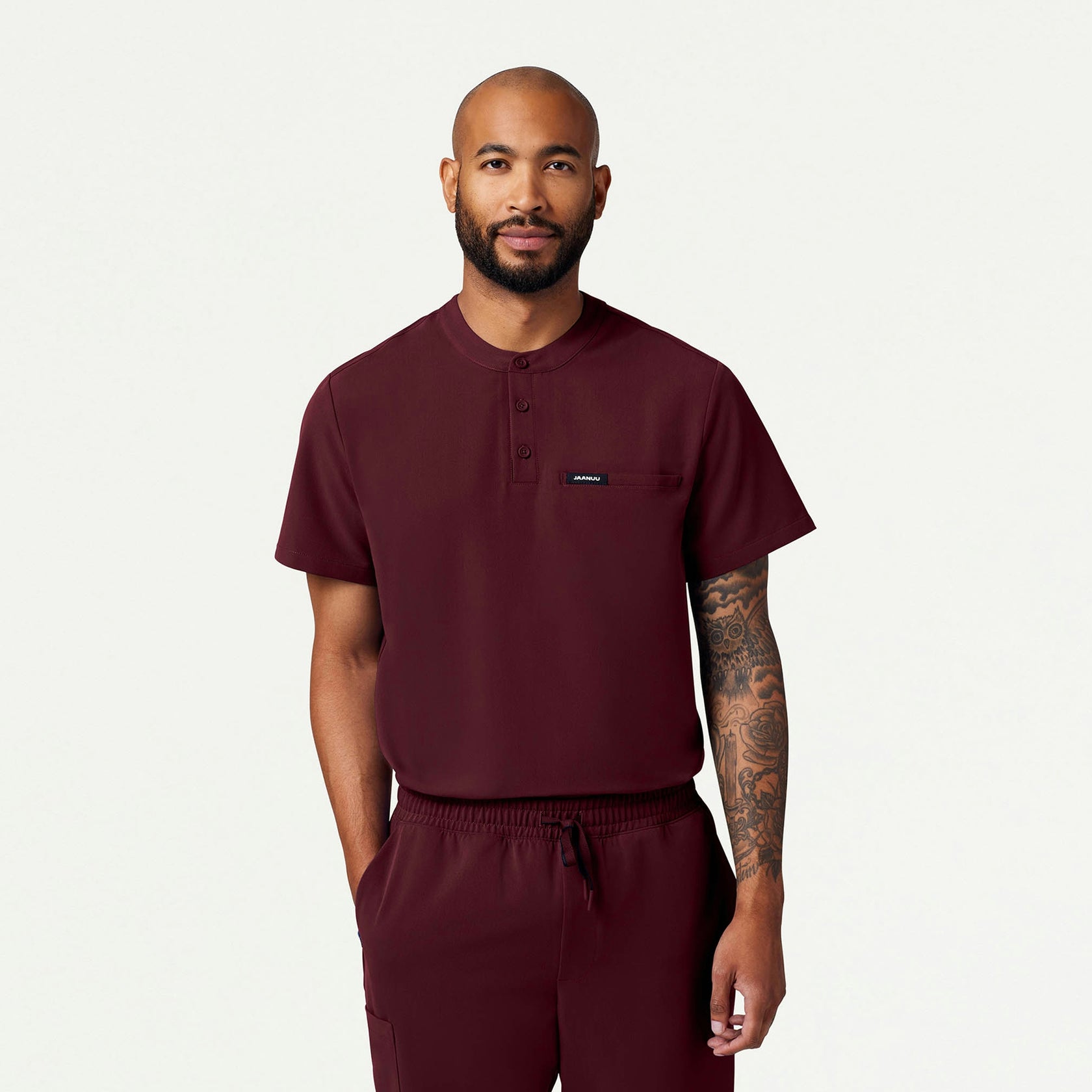 Reeve Henley Scrub Top - Burgundy - MEN'S TOPS - Jaanuu