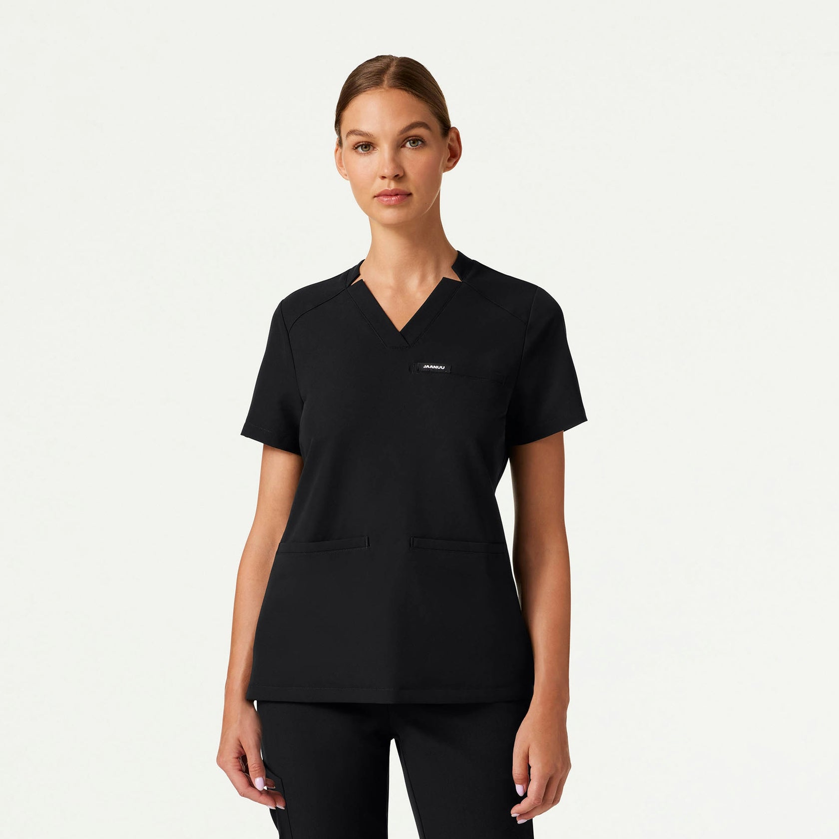 Helia Slim Notched V-Neck Scrub Top - Black - WOMEN'S TOPS - Jaanuu