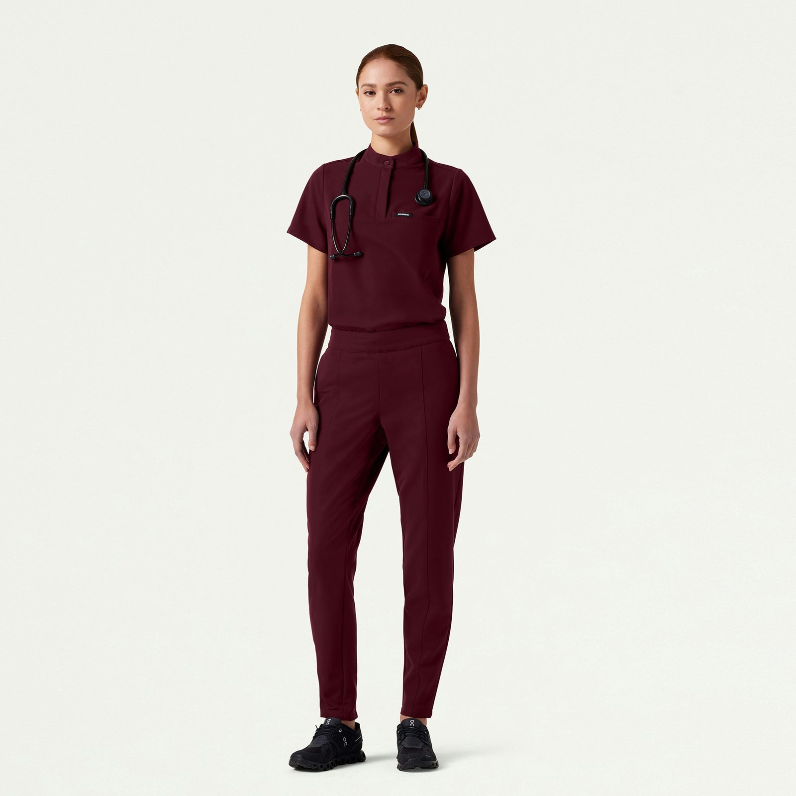 Savi Tuck-In Stand-Collar Scrub Top - Burgundy - WOMEN'S TOPS - Jaanuu