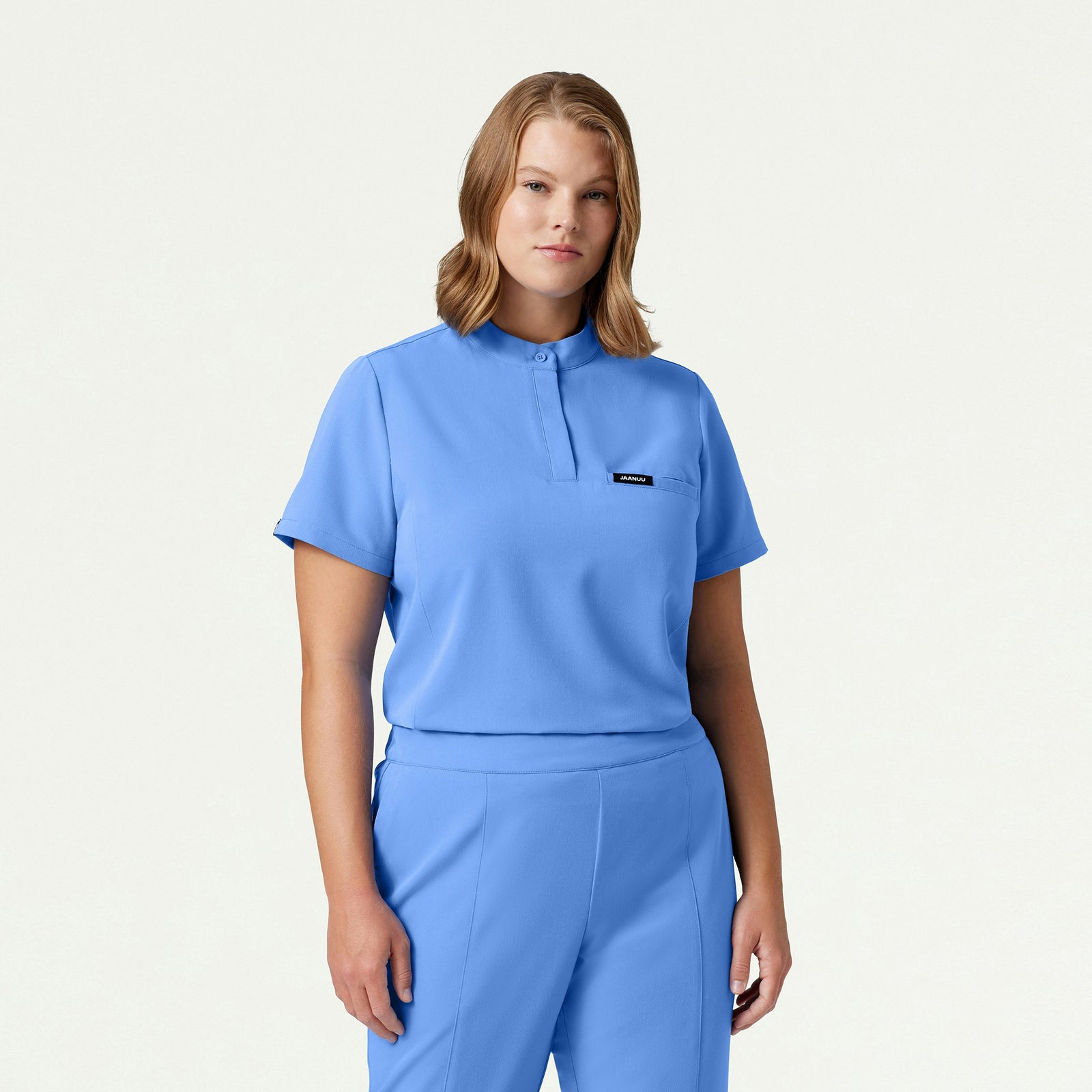 Savi Tuck-In Stand-Collar Scrub Top - Ceil Blue - WOMEN'S TOPS - Jaanuu