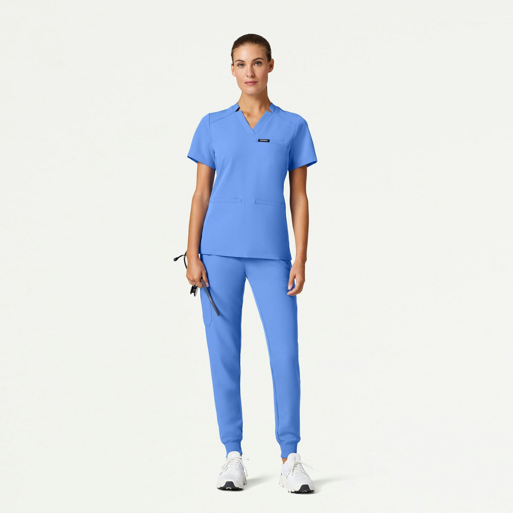 Helia Slim Notched V-Neck Scrub Top - Ceil Blue - WOMEN'S TOPS - Jaanuu