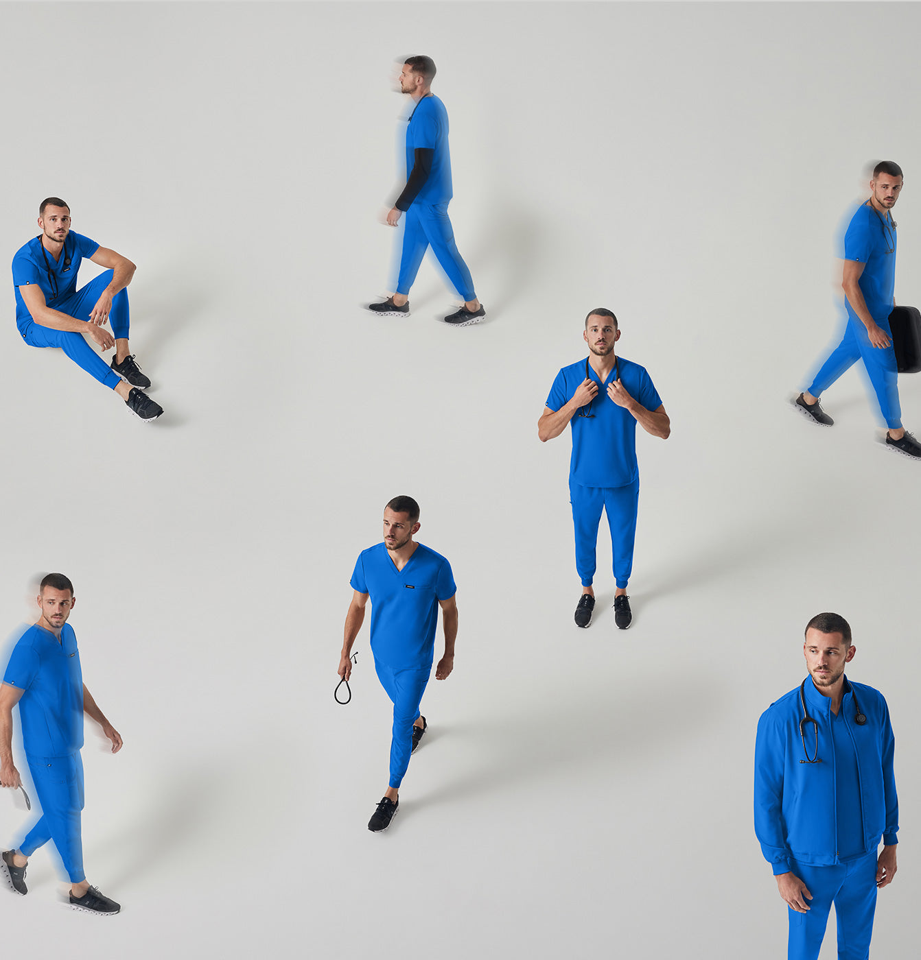 Men in scrubs doing different activities like standing, sitting, and walking.