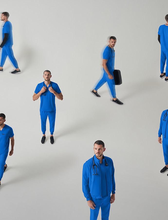 Men in scrubs doing different activities like standing, sitting, and walking.