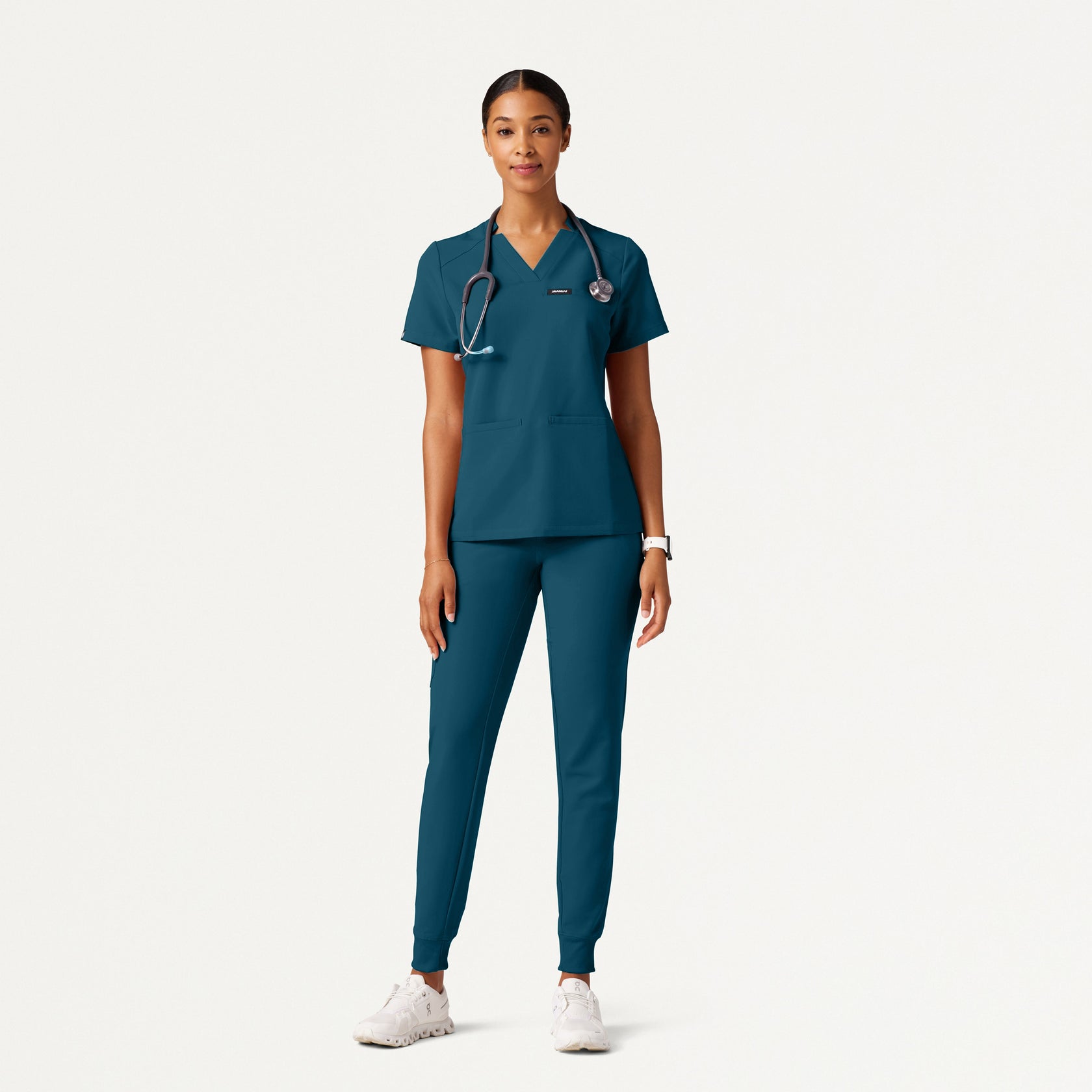 Helia Slim Notched V-Neck Scrub Top - Caribbean Blue