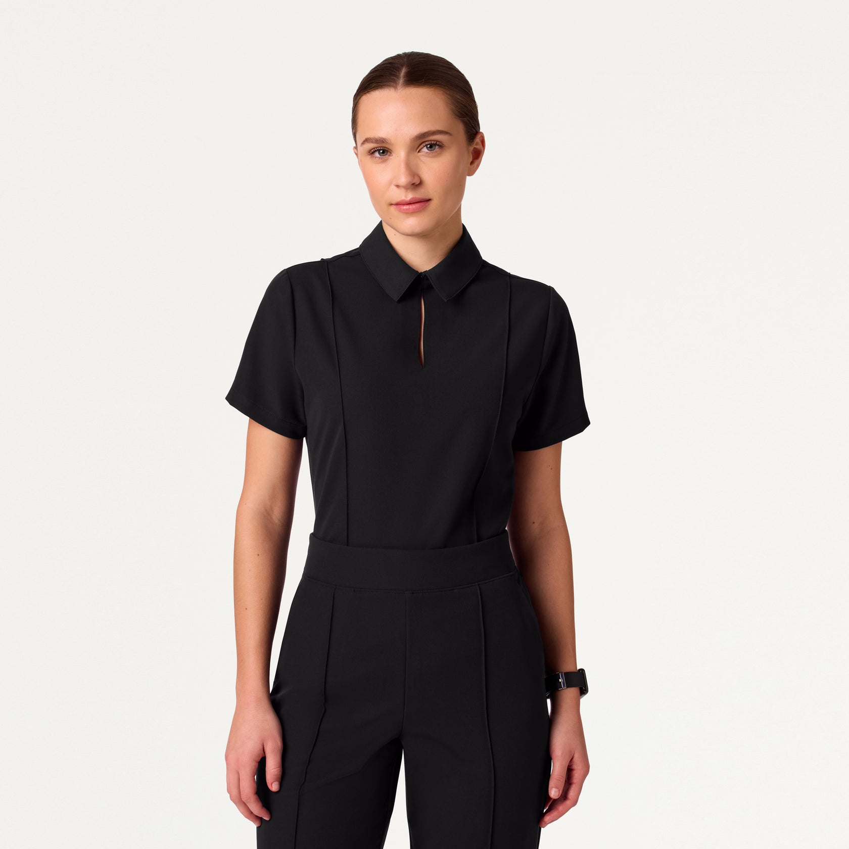 Carys Slim Modern Polo Scrub Top - Black