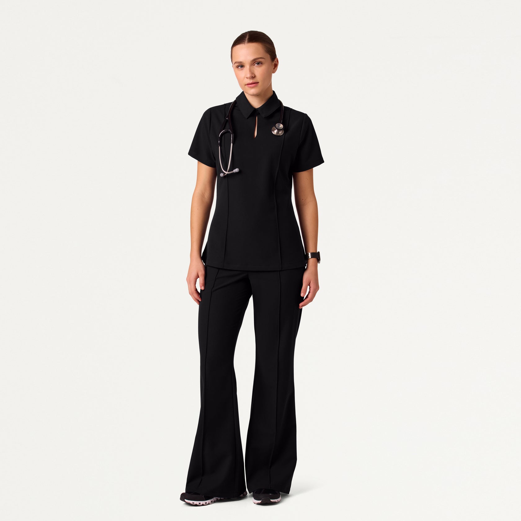 Carys Slim Modern Polo Scrub Top - Black