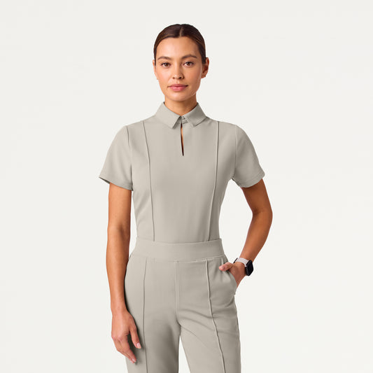 Carys Slim Modern Polo Scrub Top - Fog