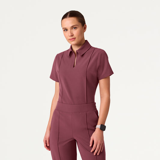 Carys Slim Modern Polo Scrub Top - Rosewood