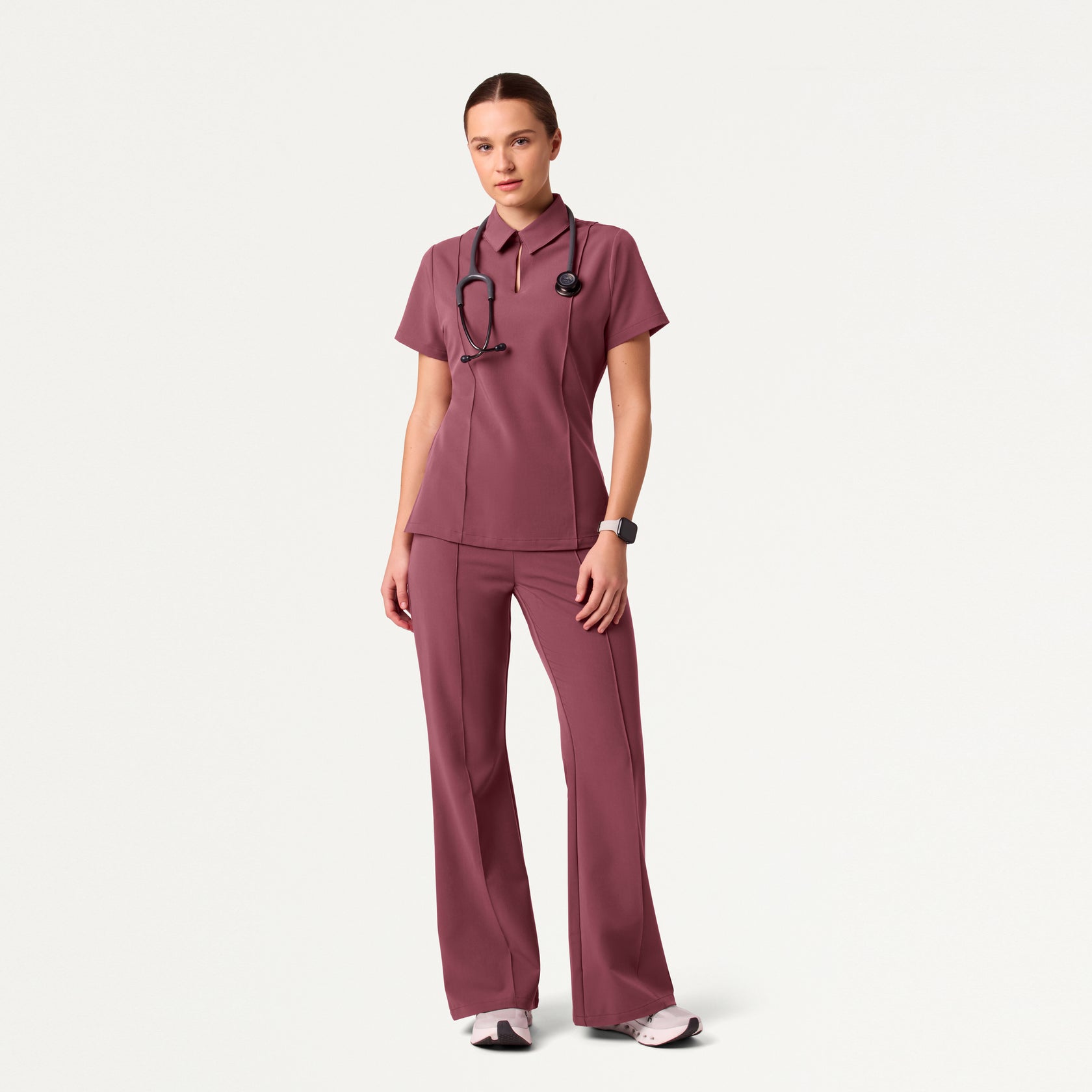 Carys Slim Modern Polo Scrub Top - Rosewood