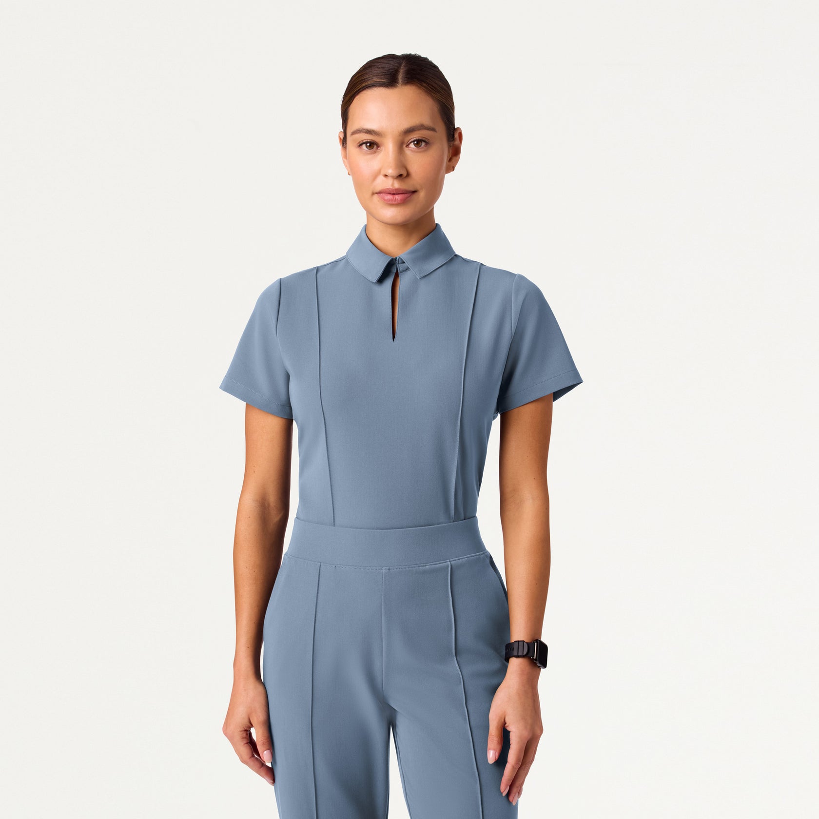 Carys Slim Modern Polo Scrub Top - Storm Blue