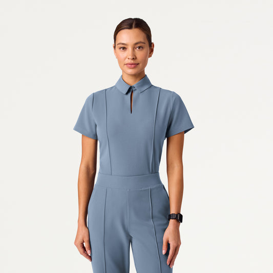 Carys Slim Modern Polo Scrub Top - Storm Blue