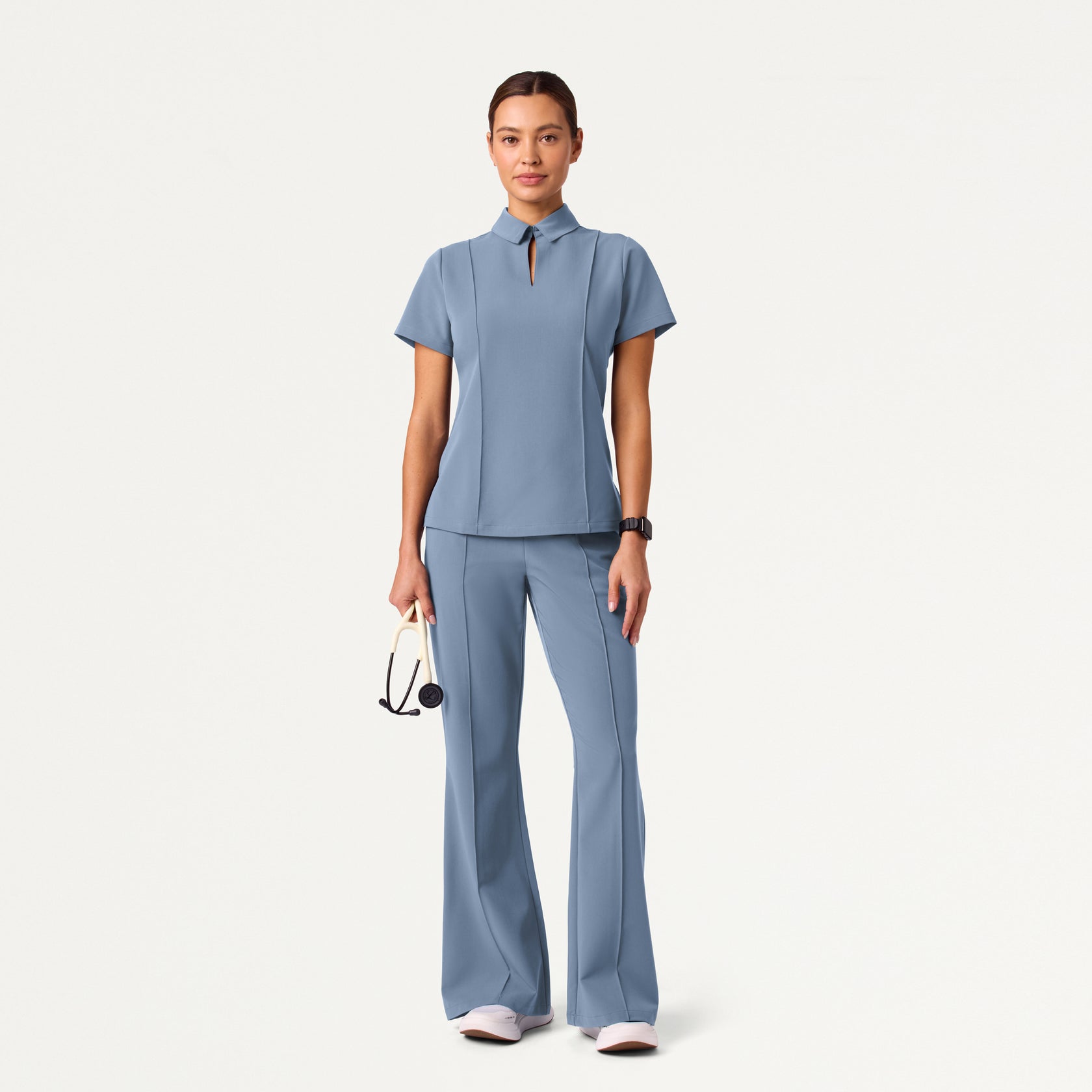 Carys Slim Modern Polo Scrub Top - Storm Blue