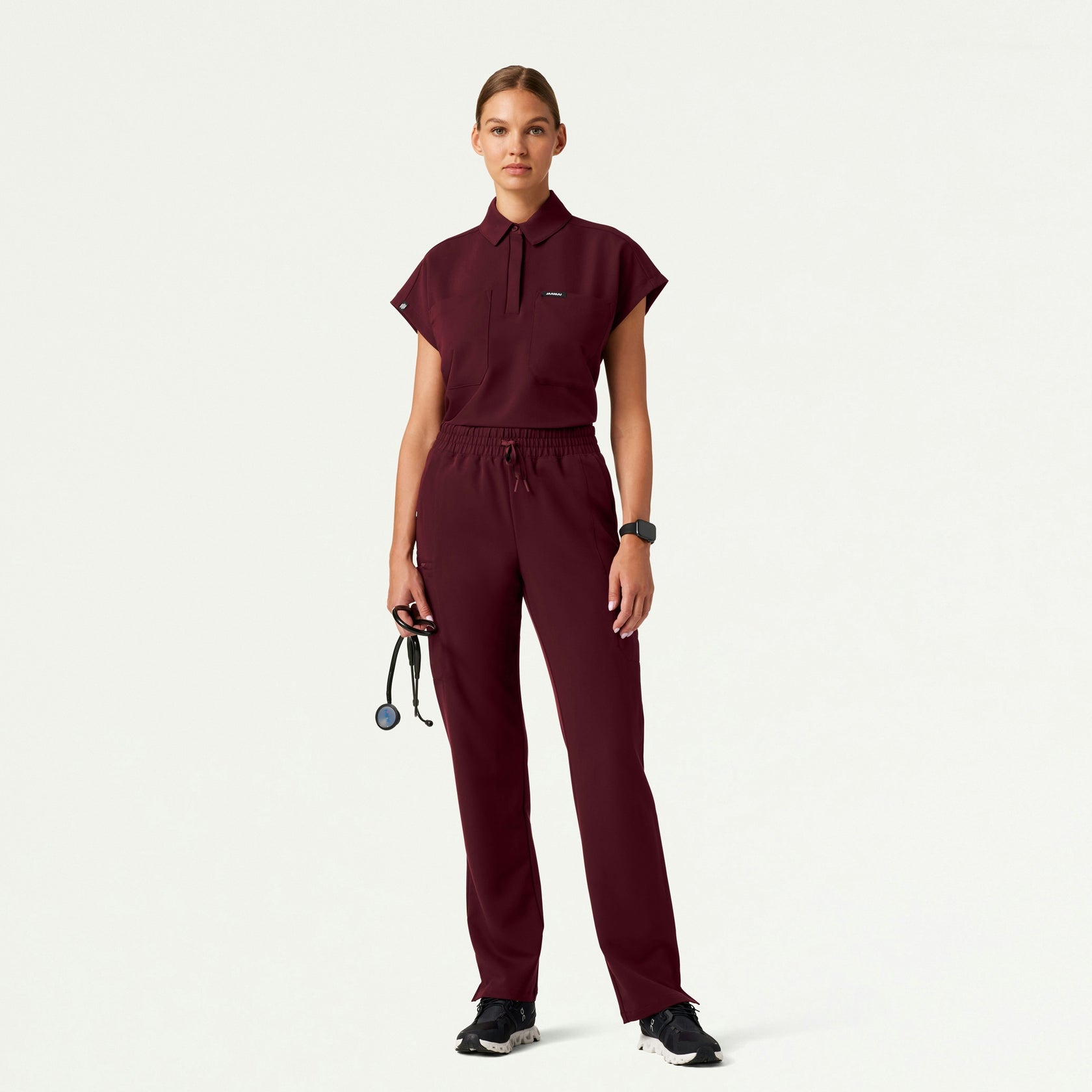 Acta Oversized 2-Pocket Scrub Top - Burgundy - WOMEN'S TOPS - Jaanuu