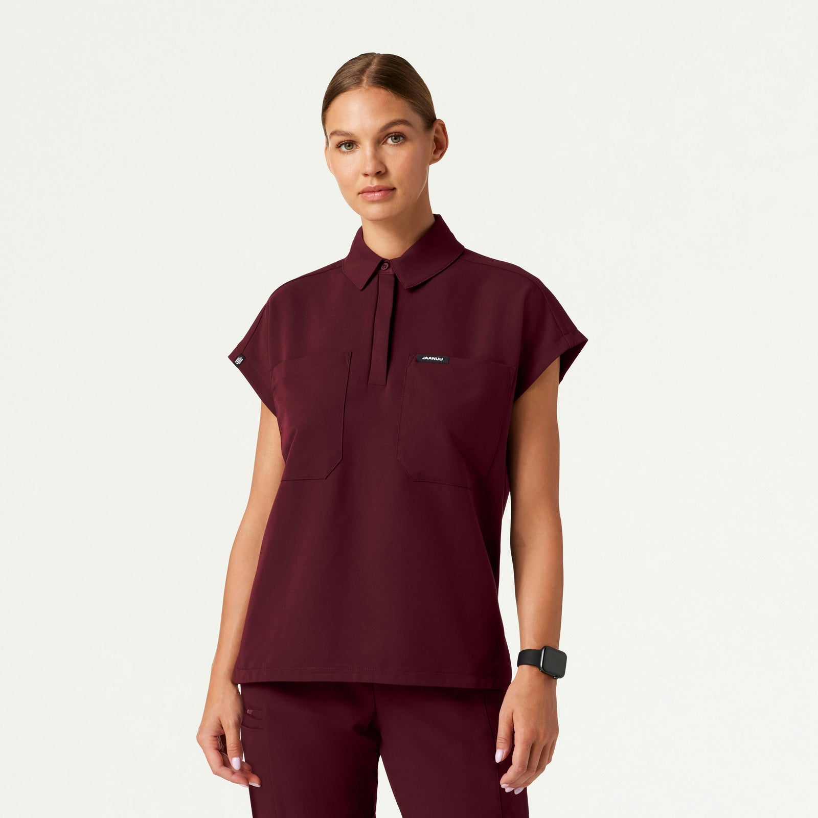 Acta Oversized 2-Pocket Scrub Top - Burgundy - WOMEN'S TOPS - Jaanuu