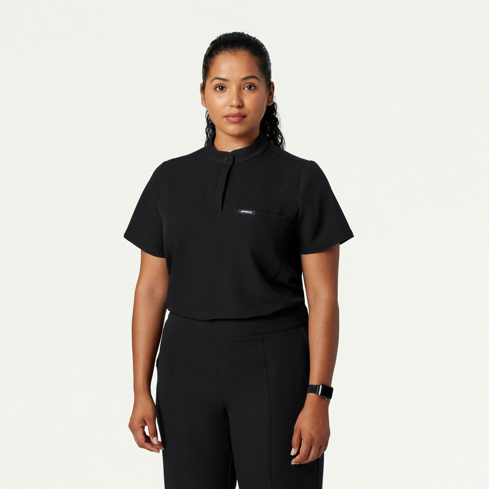 Savi Tuck-In Stand-Collar Scrub Top - Black - WOMEN'S TOPS - Jaanuu