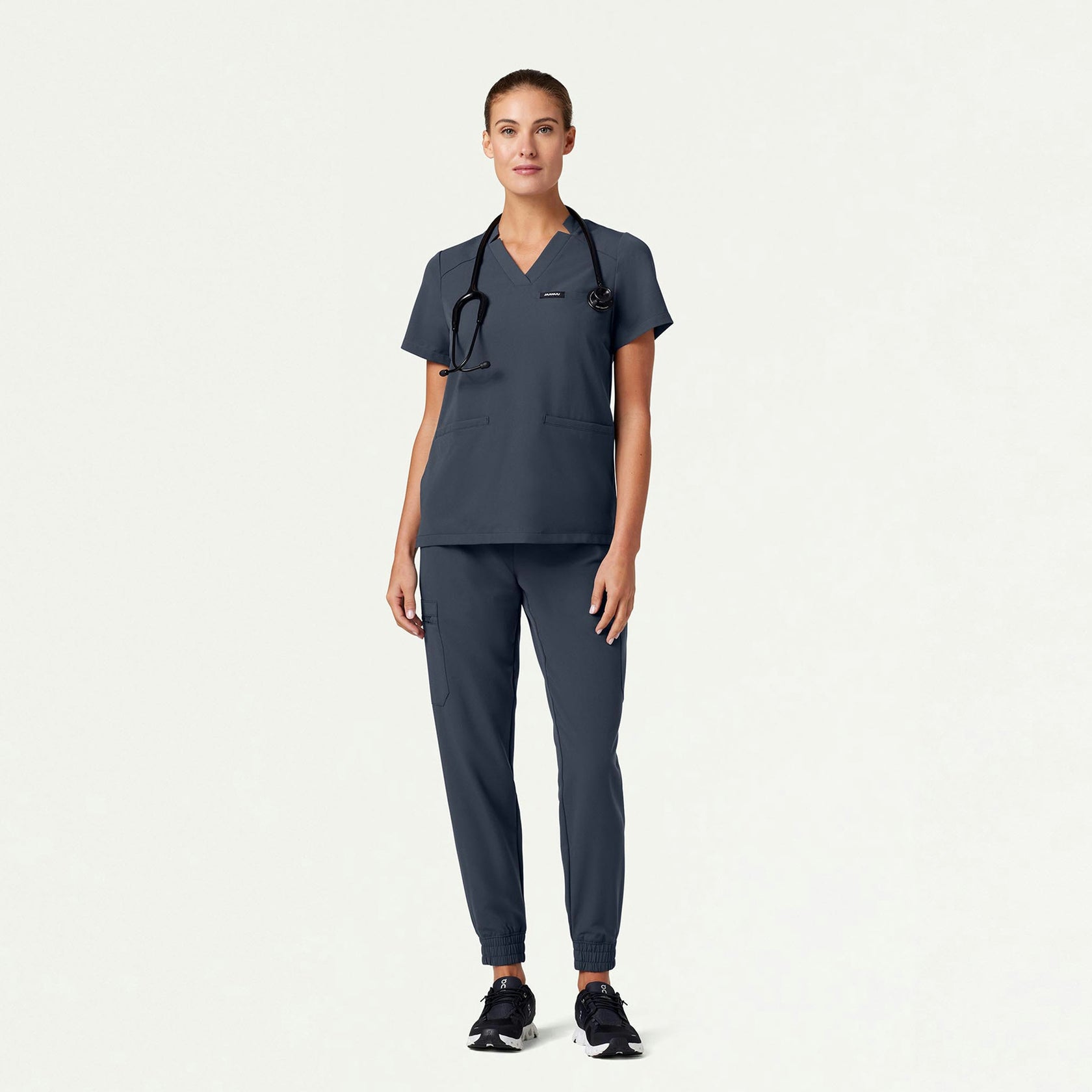 Helia Notched V-Neck Scrub Top - Carbon Gray - WOMEN'S TOPS - Jaanuu