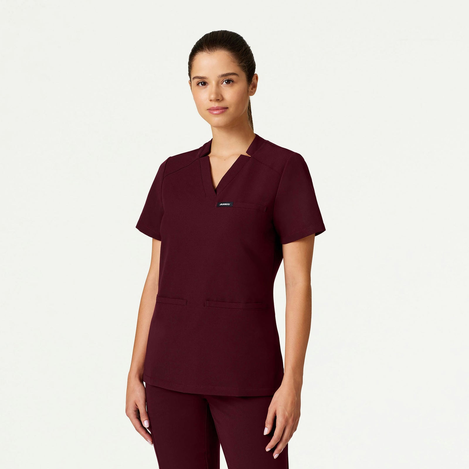 Helia Slim Notched V-Neck Scrub Top - Burgundy - WOMEN'S TOPS - Jaanuu