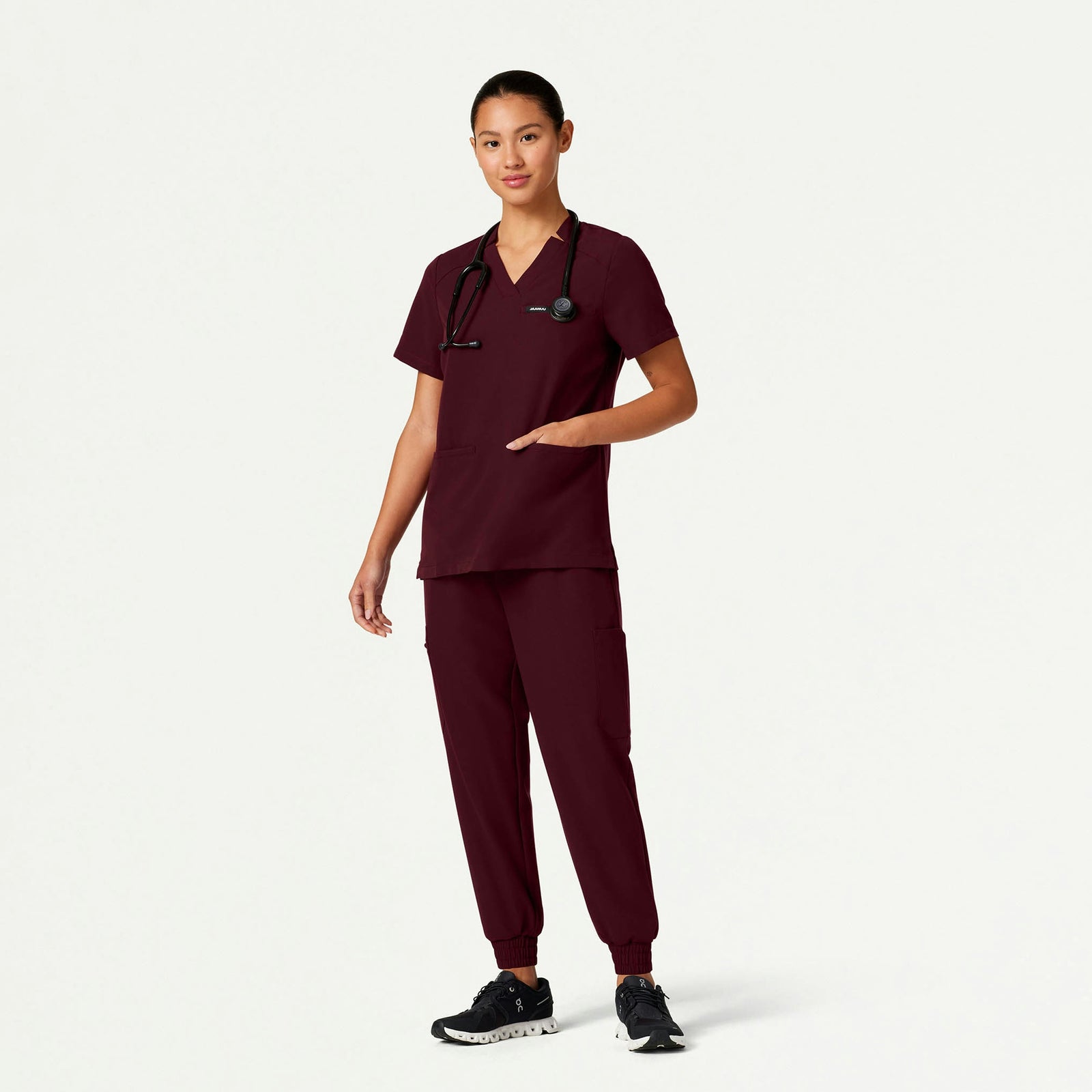 Helia Notched V-Neck Scrub Top - Burgundy - WOMEN'S TOPS - Jaanuu