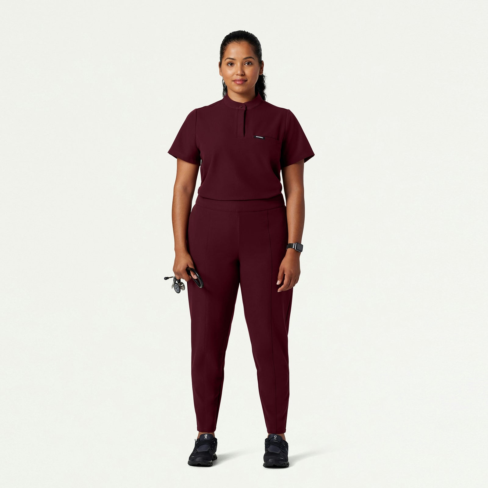 Savi Tuck-In Stand-Collar Scrub Top - Burgundy - WOMEN'S TOPS - Jaanuu