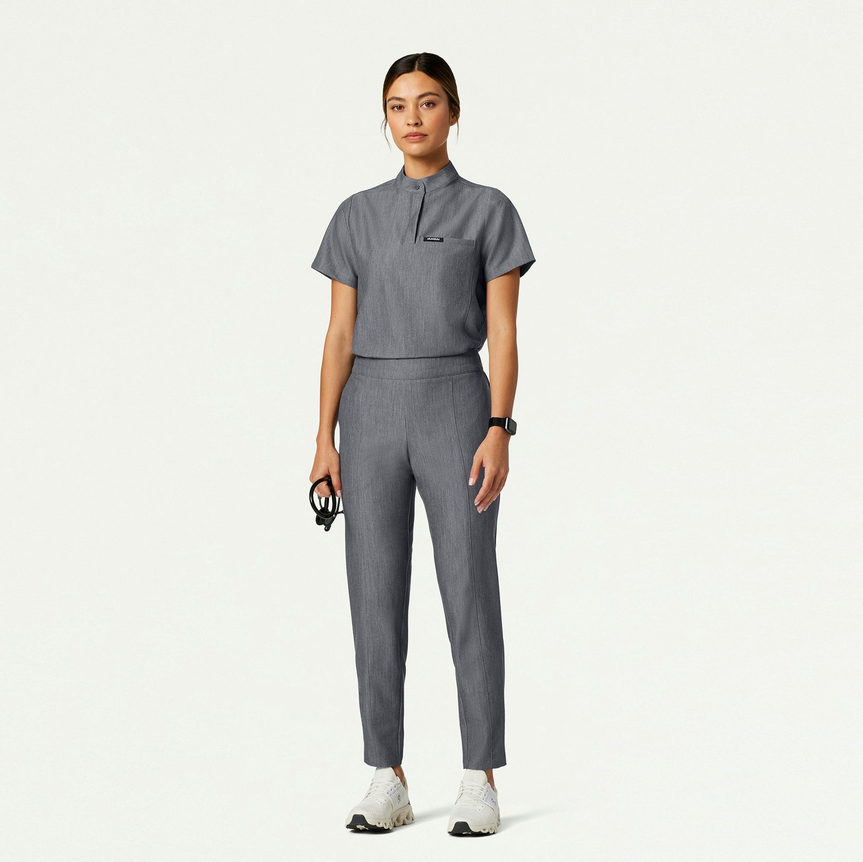 Savi Tuck-In Stand-Collar Scrub Top - Heather Gray - WOMEN'S TOPS - Jaanuu