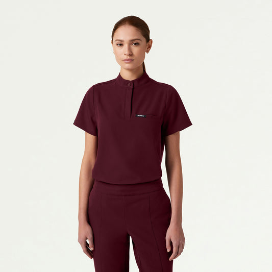 Savi Tuck-In Stand-Collar Scrub Top - Burgundy - WOMEN'S TOPS - Jaanuu