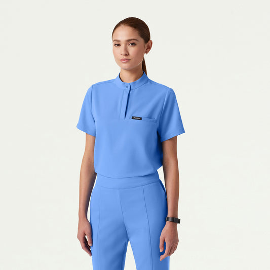 Savi Tuck-In Stand-Collar Scrub Top - Ceil Blue - WOMEN'S TOPS - Jaanuu