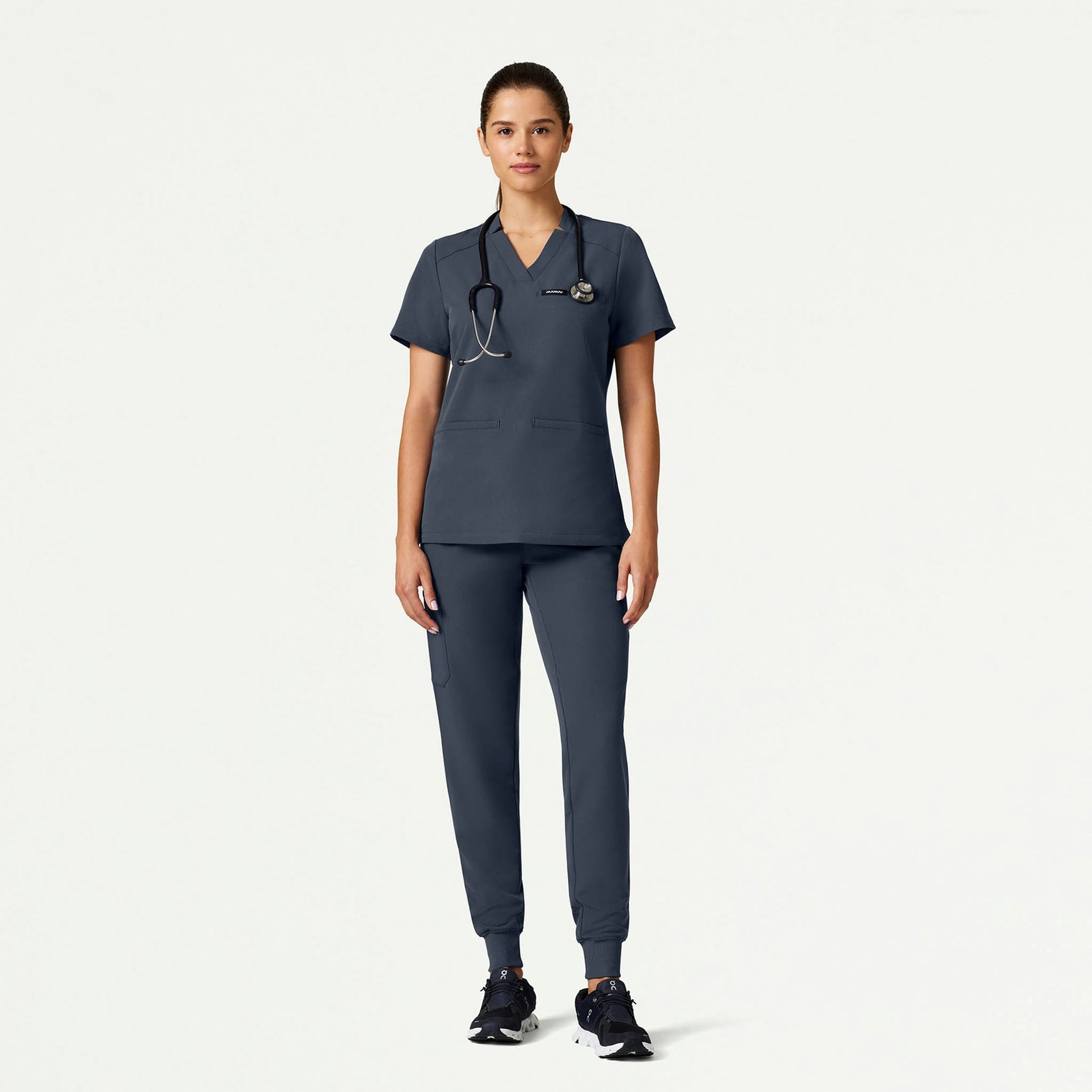 Helia Slim Notched V-Neck Scrub Top - Carbon Gray - WOMEN'S TOPS - Jaanuu