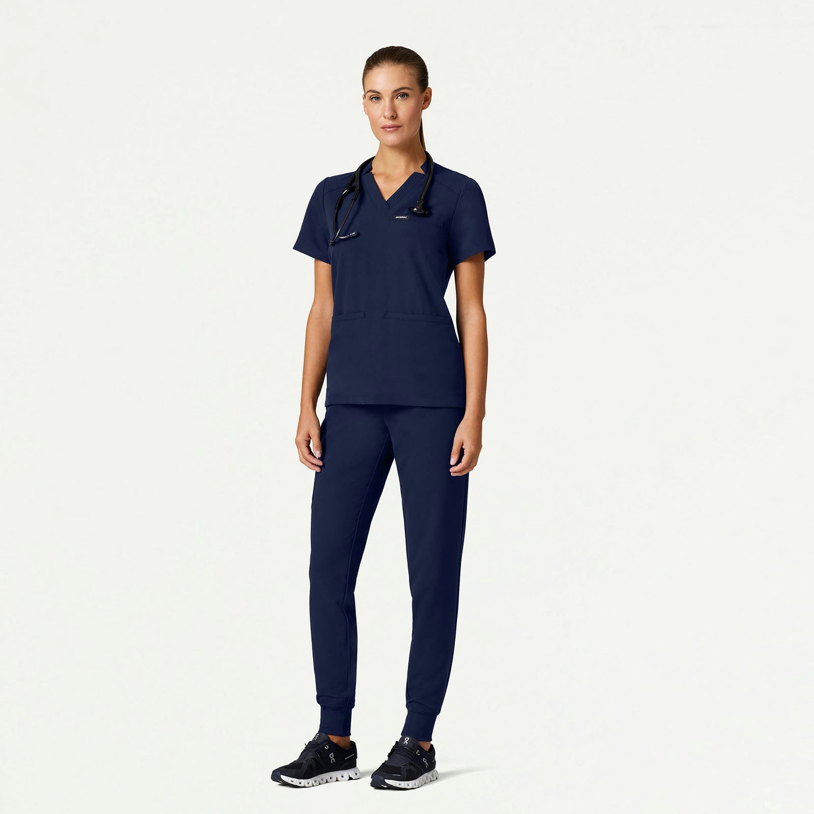 Helia Slim Notched V-Neck Scrub Top - Midnight Navy - WOMEN'S TOPS - Jaanuu