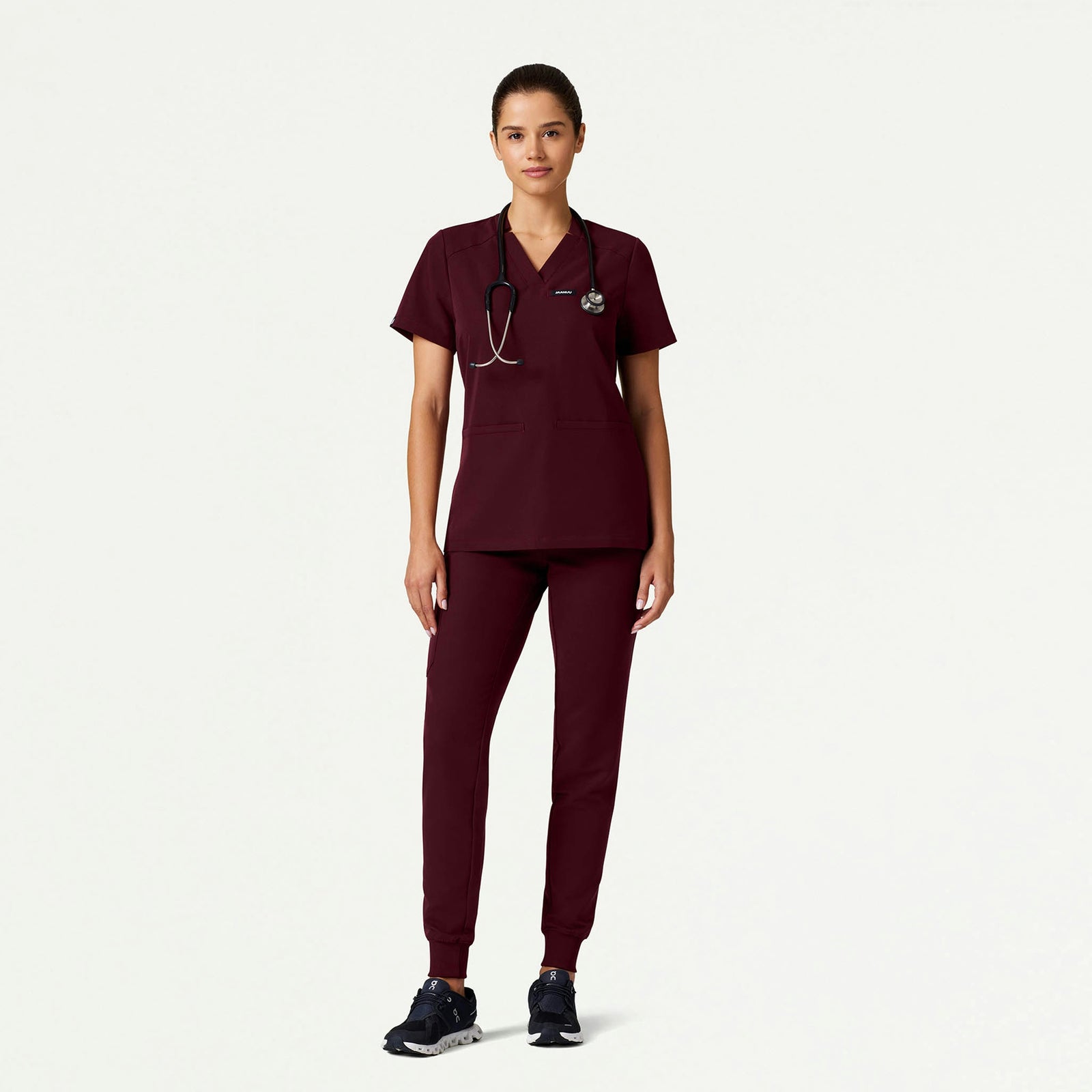 Helia Slim Notched V-Neck Scrub Top - Burgundy - WOMEN'S TOPS - Jaanuu