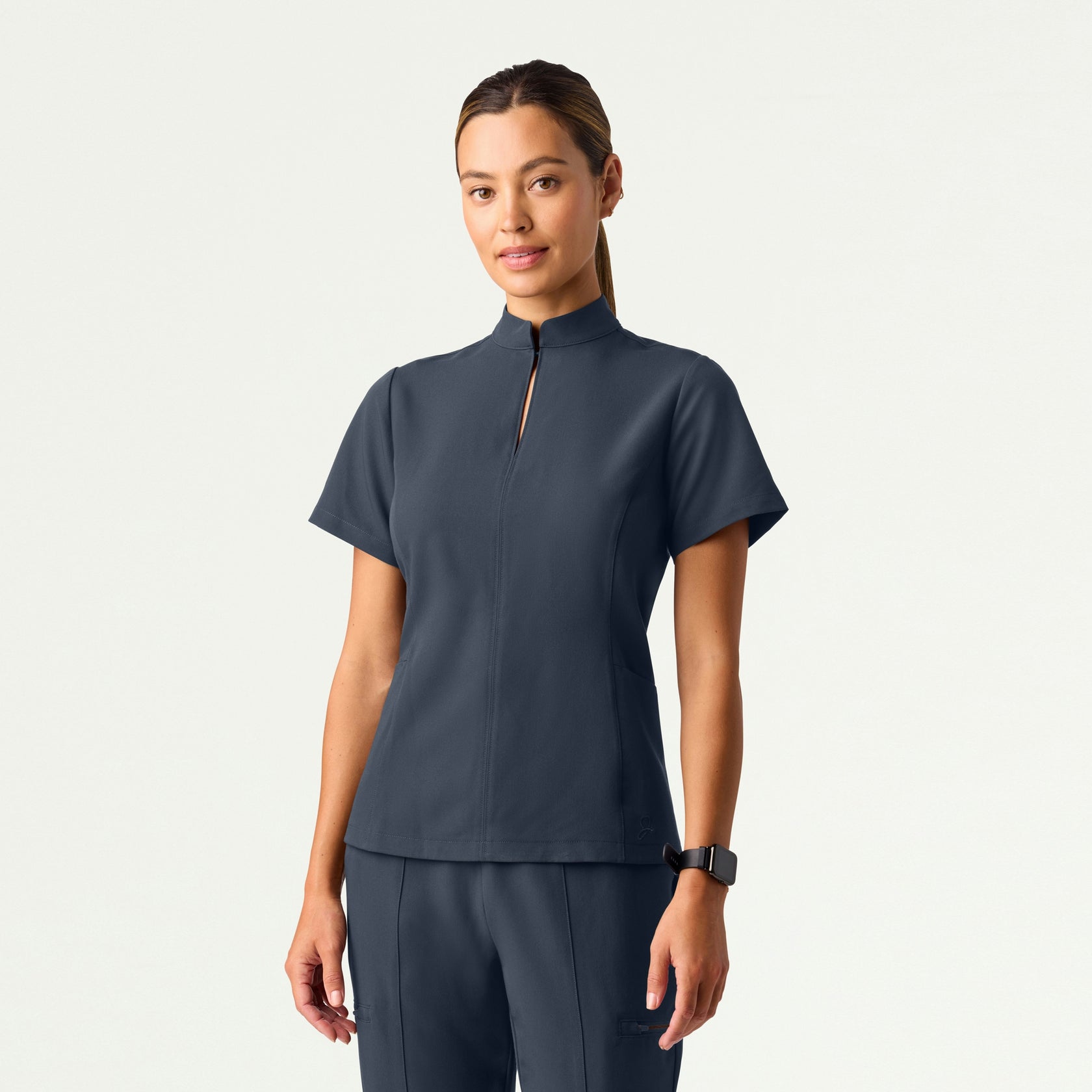 Aria Fit & Flare Mock-Neck Scrub Top - Carbon Gray - WOMEN'S TOPS - Jaanuu