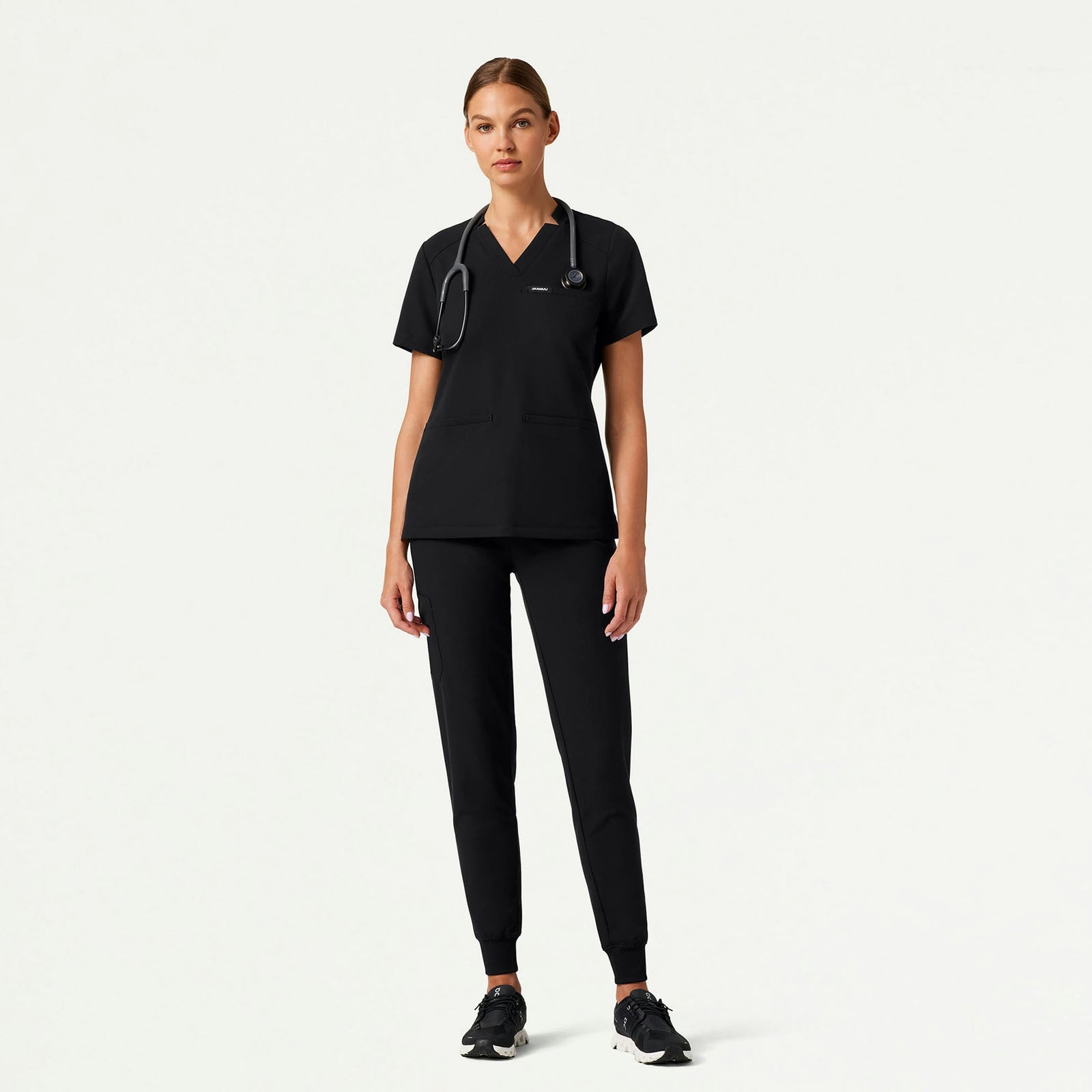 Helia Slim Notched V-Neck Scrub Top - Black - WOMEN'S TOPS - Jaanuu