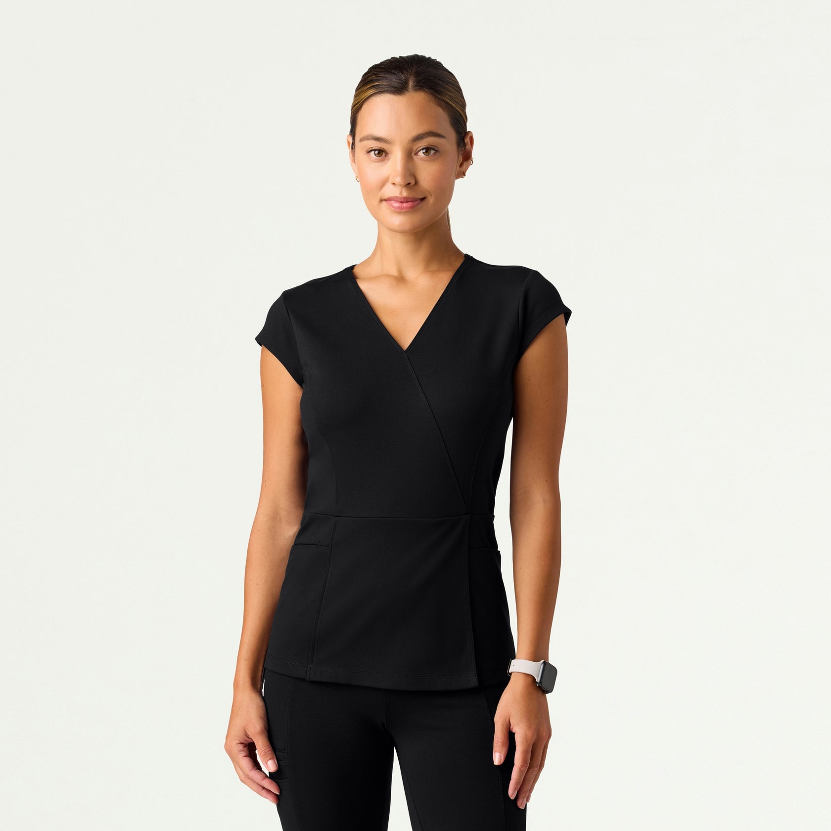 Isla Mock-Wrap ULTRAsoft Scrub Top - Black - WOMEN'S TOPS - Jaanuu